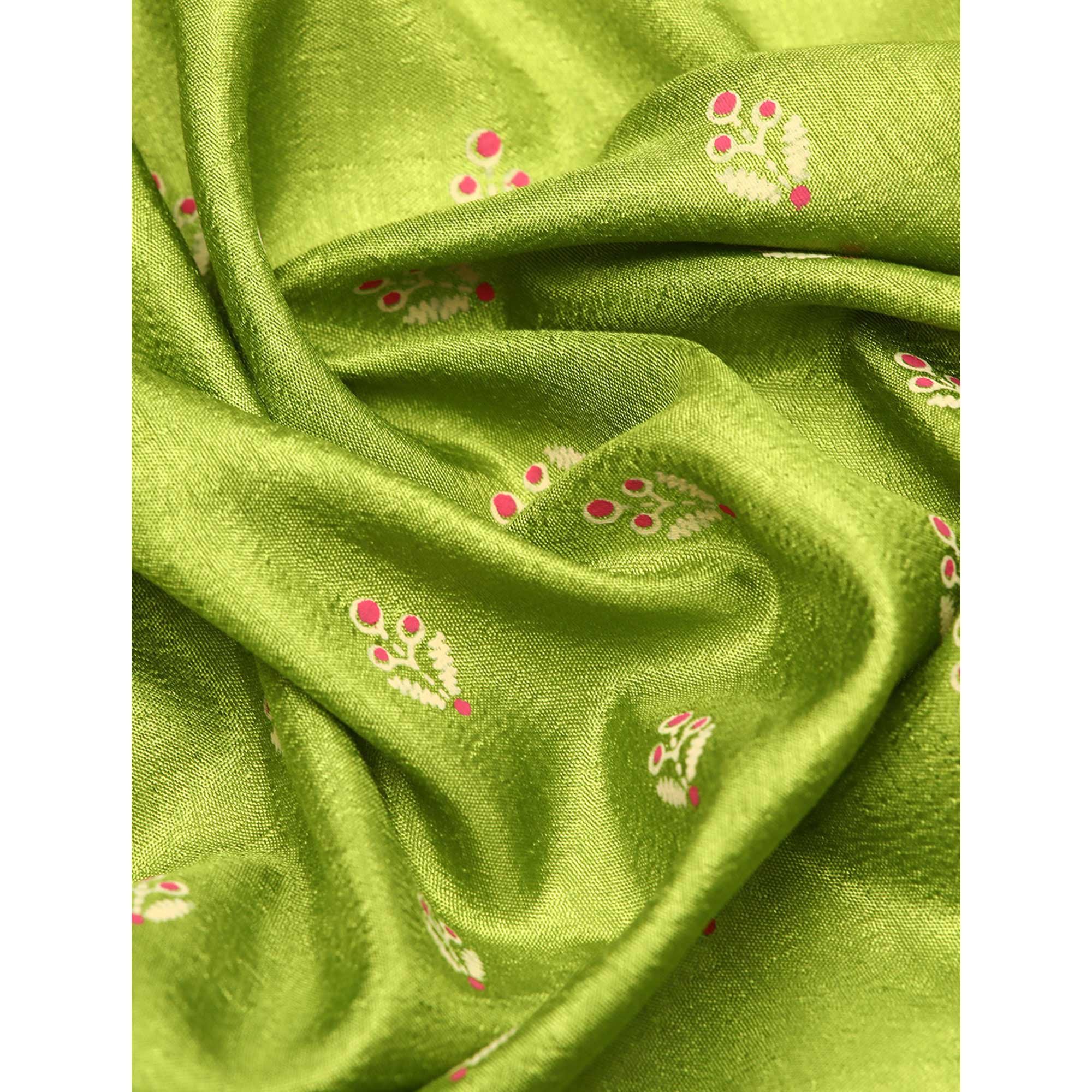 Green Floral Printed Vichitra Silk Saree With Tassels