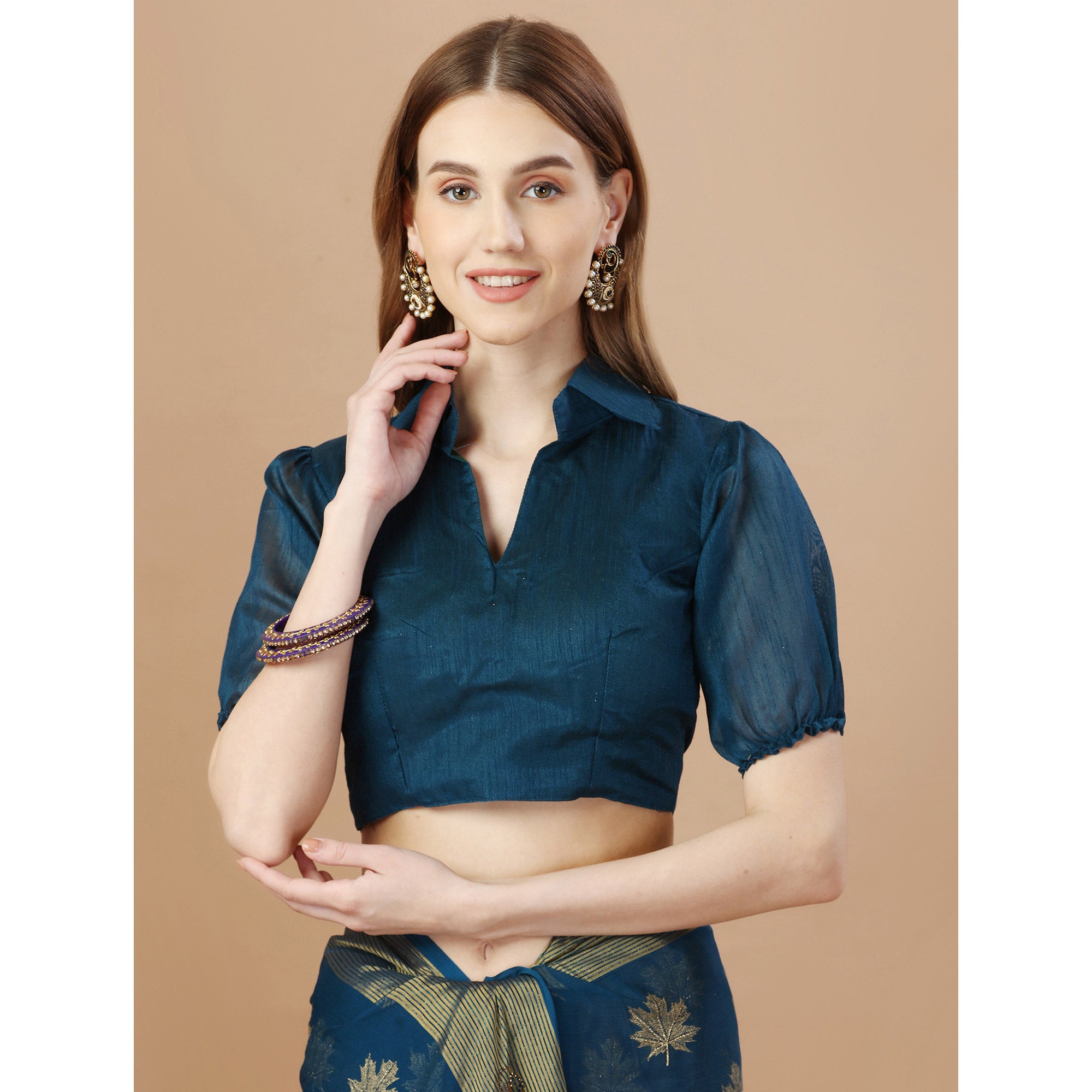 Teal Blue Zari Work Chiffon Saree With Tassels
