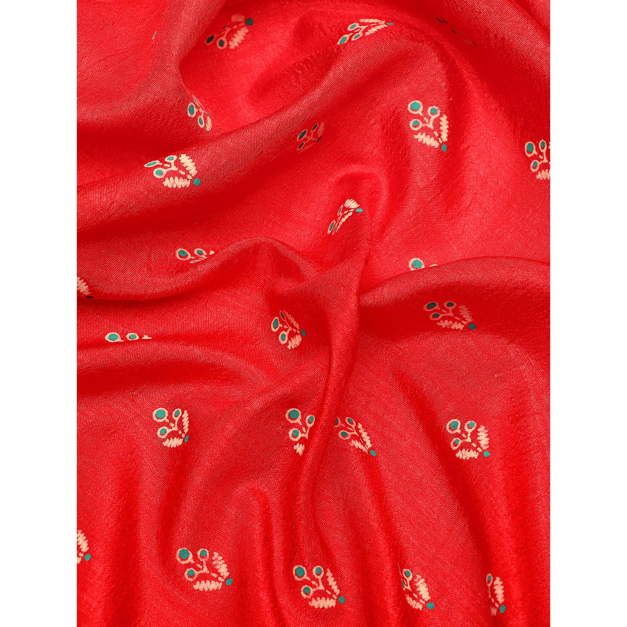 Red Floral Printed Vichitra Silk Saree With Tassels