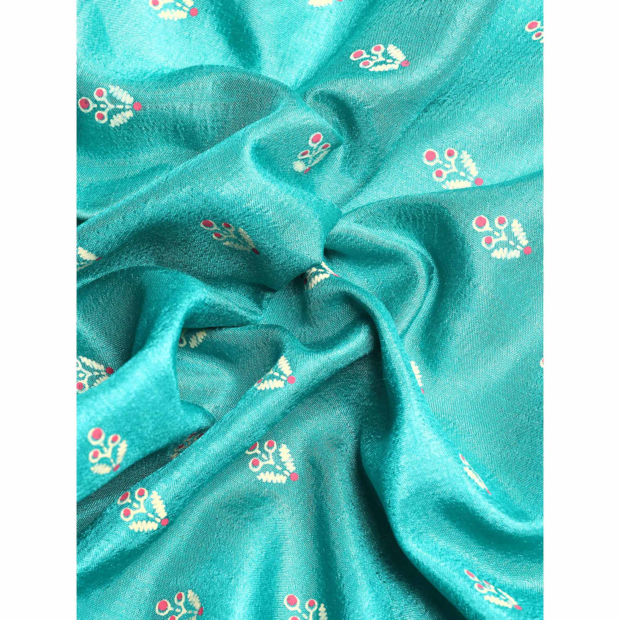 Turquoise  Floral Printed Vichitra Silk Saree With Tassels