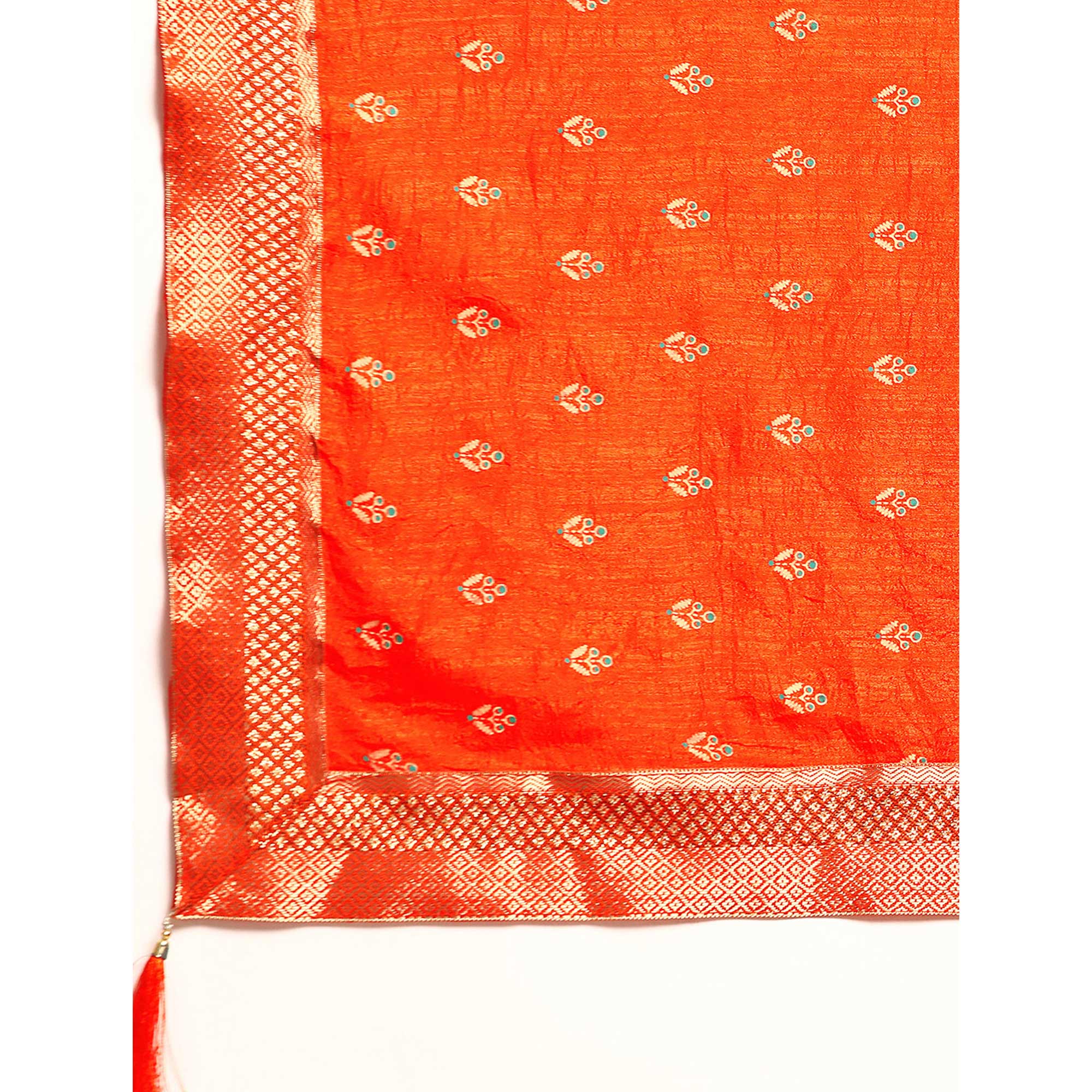 Orange Floral Printed Vichitra Silk Saree With Tassels