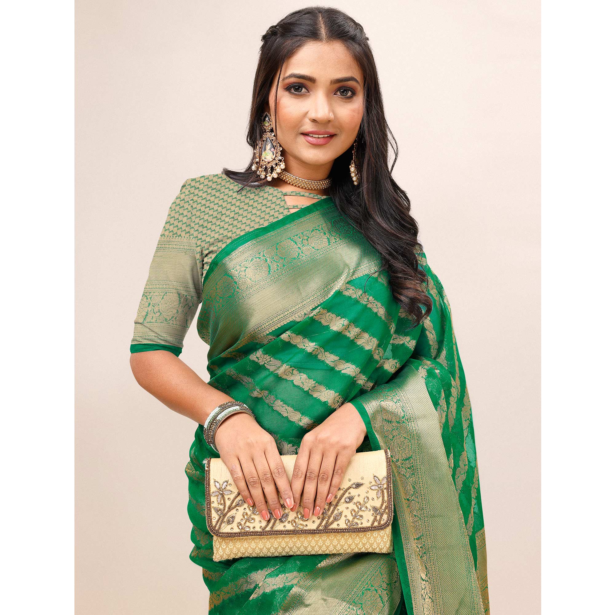 Green Woven Organza Saree With Tassels