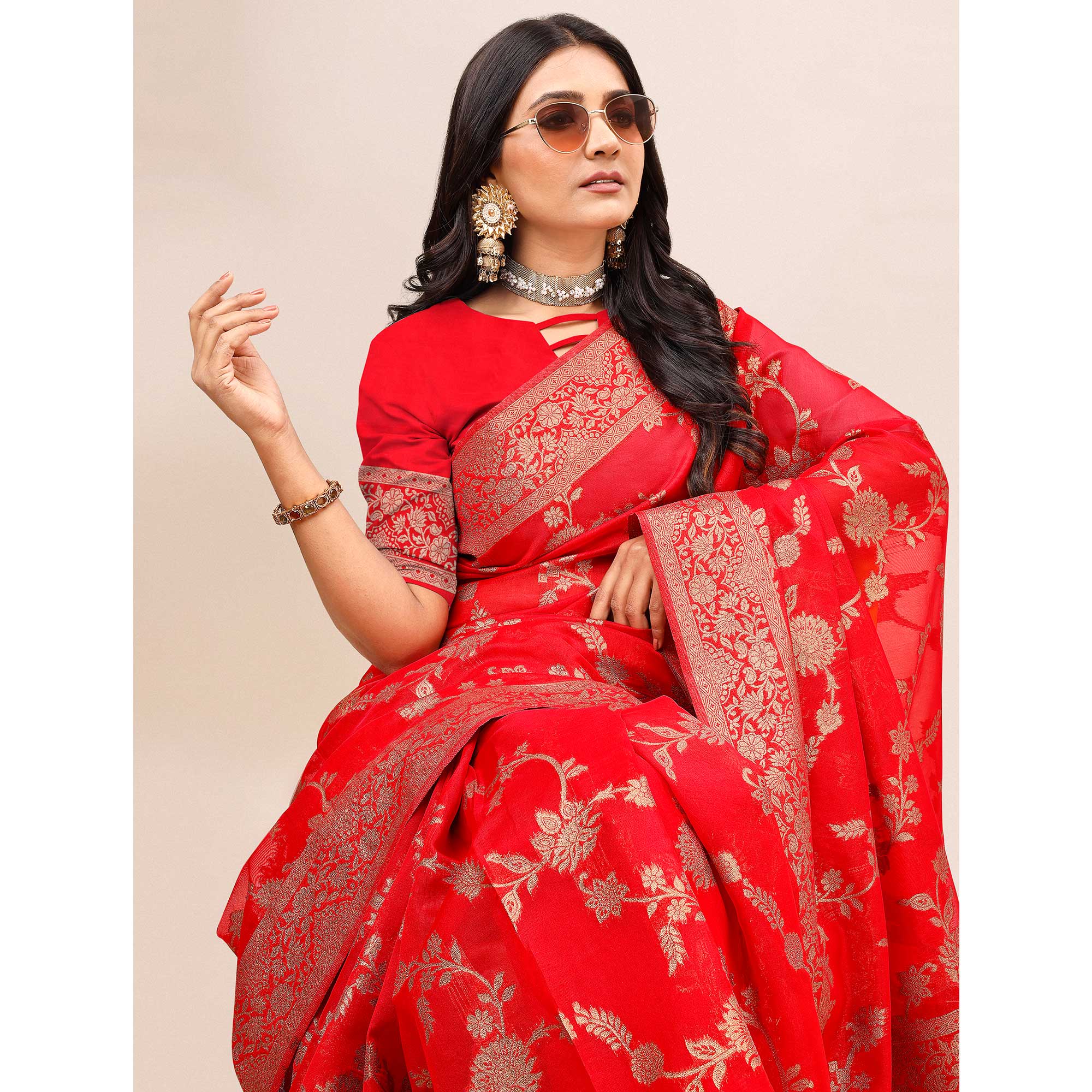 Red Woven Organza Saree With Tassels