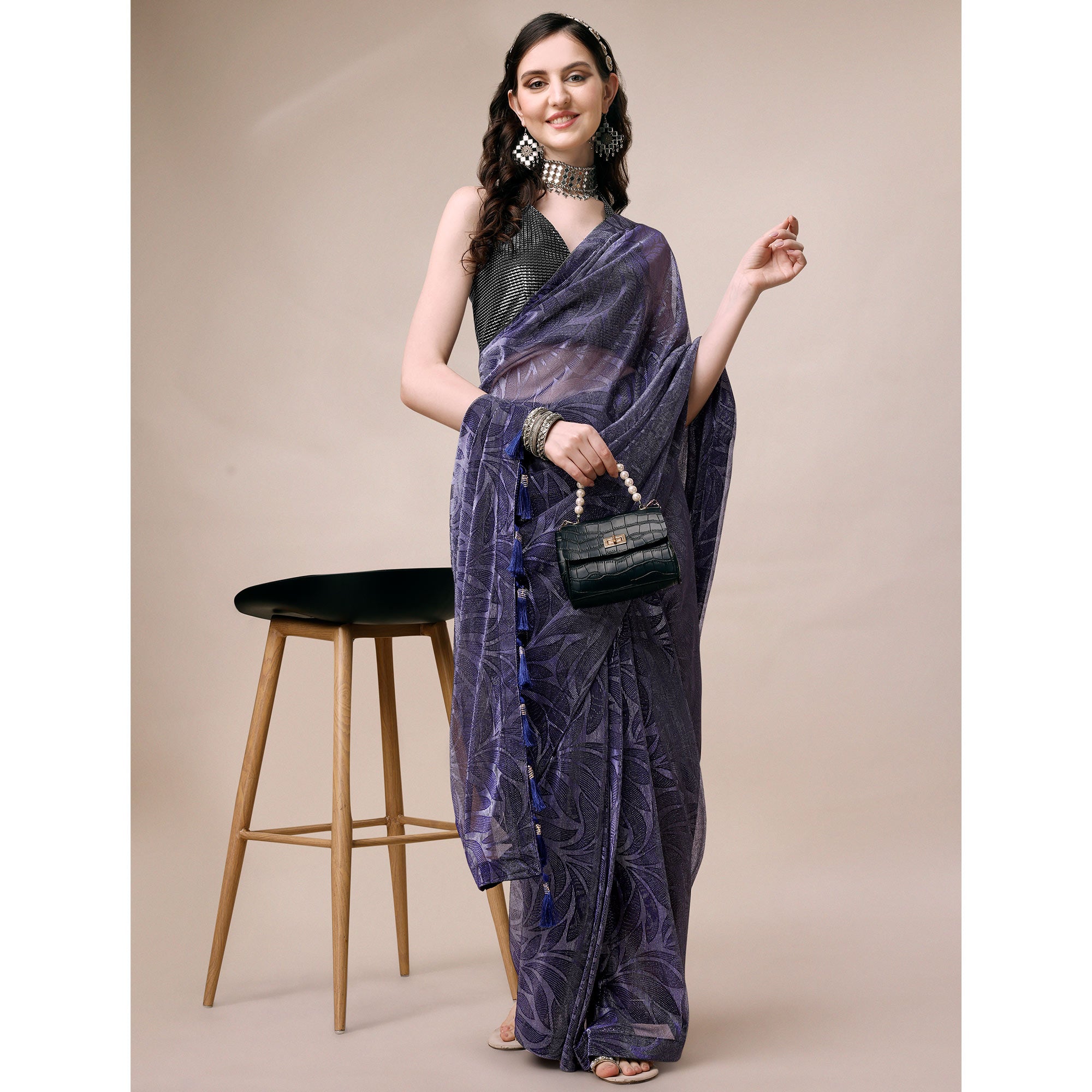 Blue Floral Printed Rayon Saree