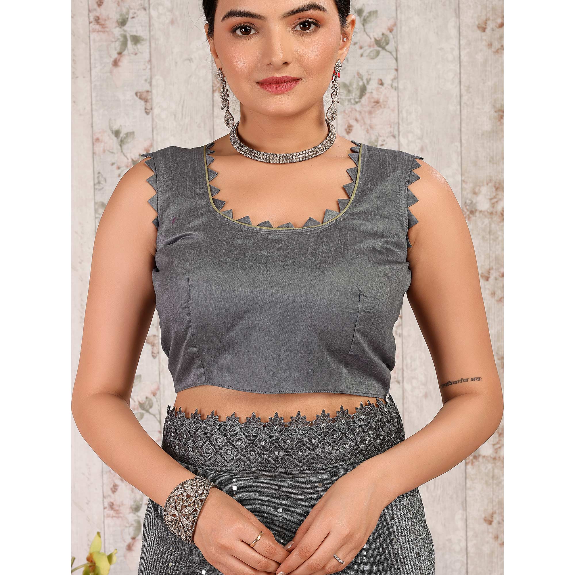 Grey Tikali With Floral Embroidered Lycra Saree