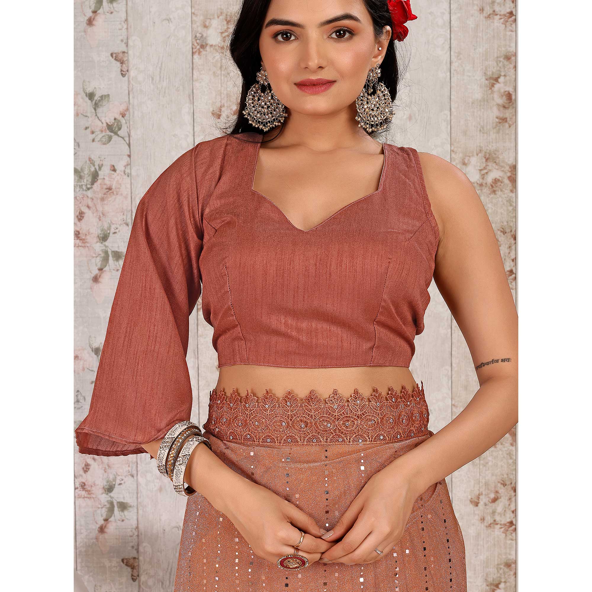 Dusty Peach Tikali With Floral Embroidered Lycra Saree