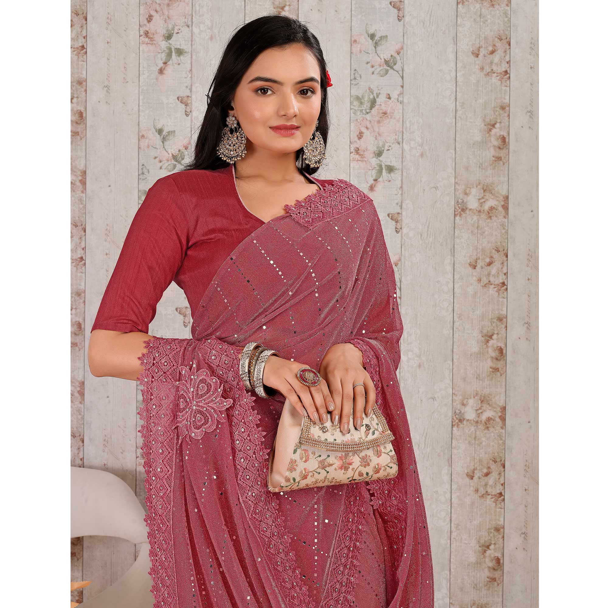 Gajari Pink Tikali With Floral Embroidered Lycra Saree