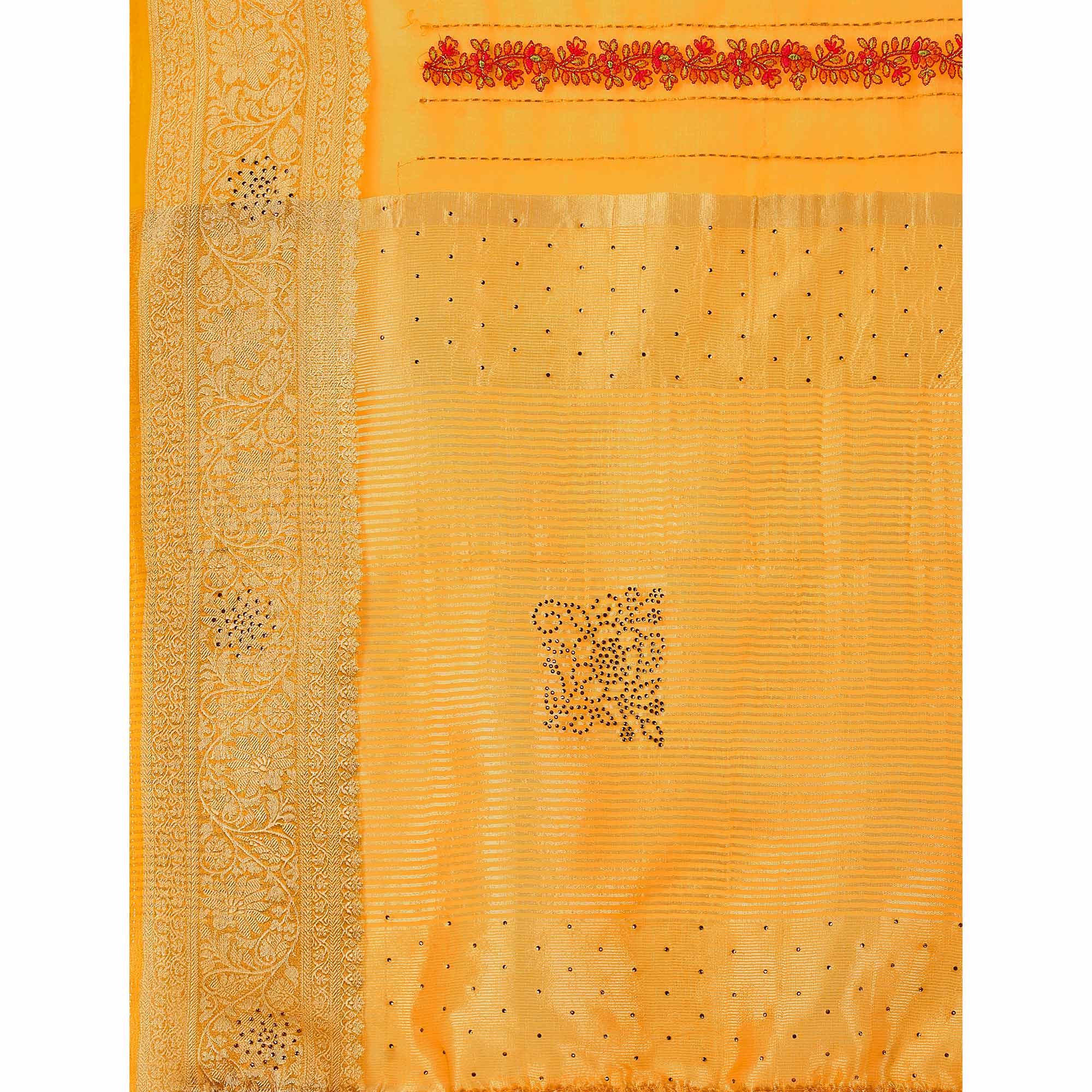 Yellow Floral Embroidery With Swarovski Work Organza Saree