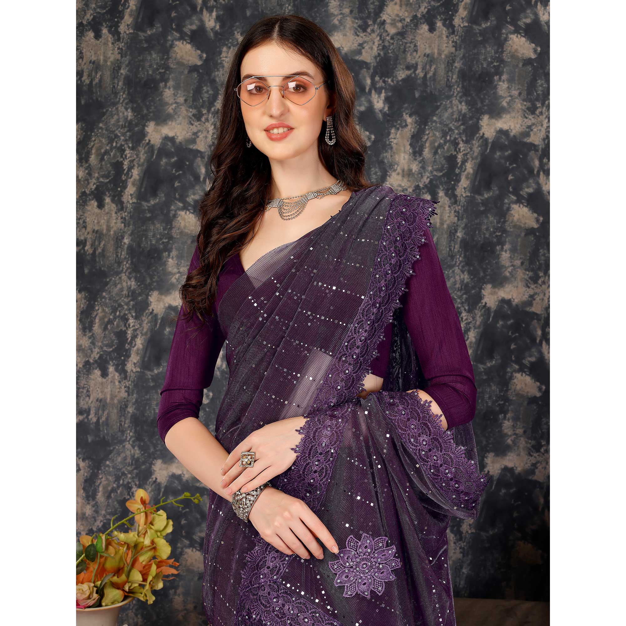 Purple Tikali Work Lycra Saree With Embroidered Lace Border