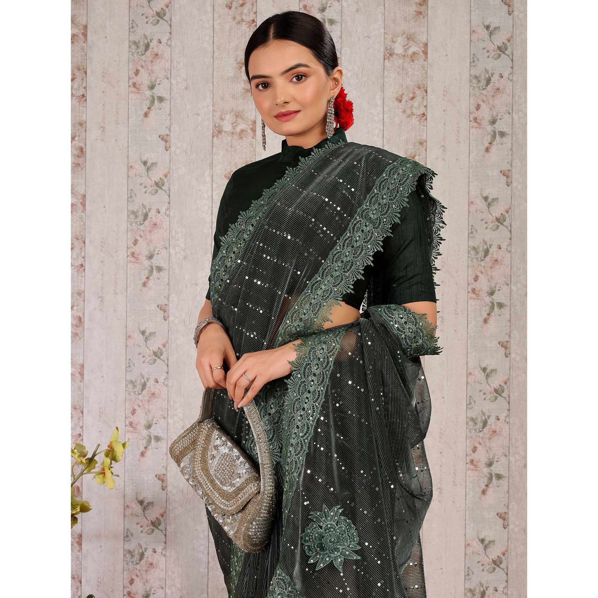 Green Tikali Work Lycra Saree With Embroidered Lace Border