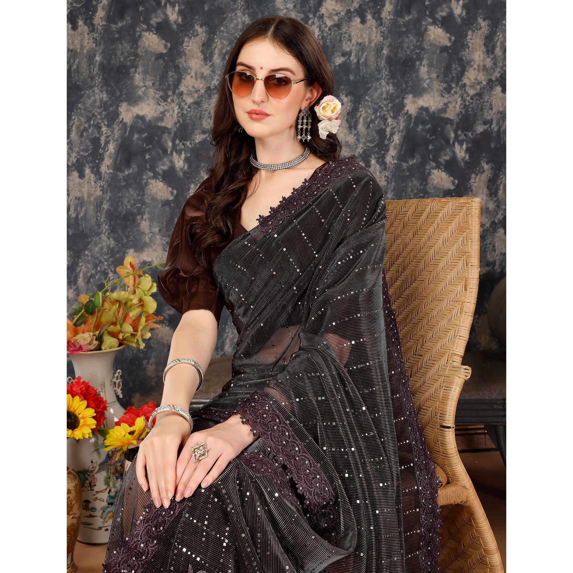 Brown Tikali Work Lycra Saree With Embroidered Lace Border