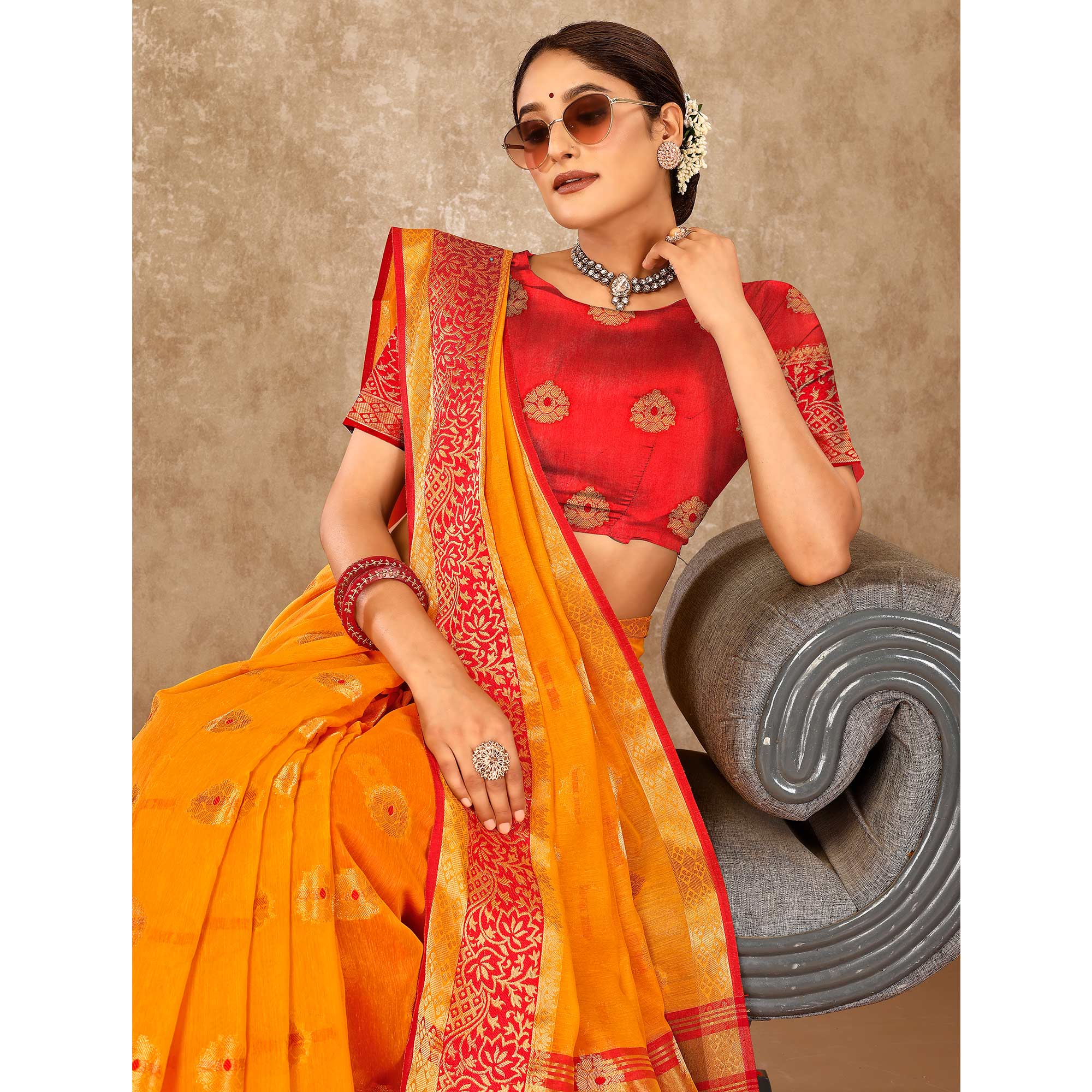 Mustard Floral Zari Woven Cotton Silk Saree