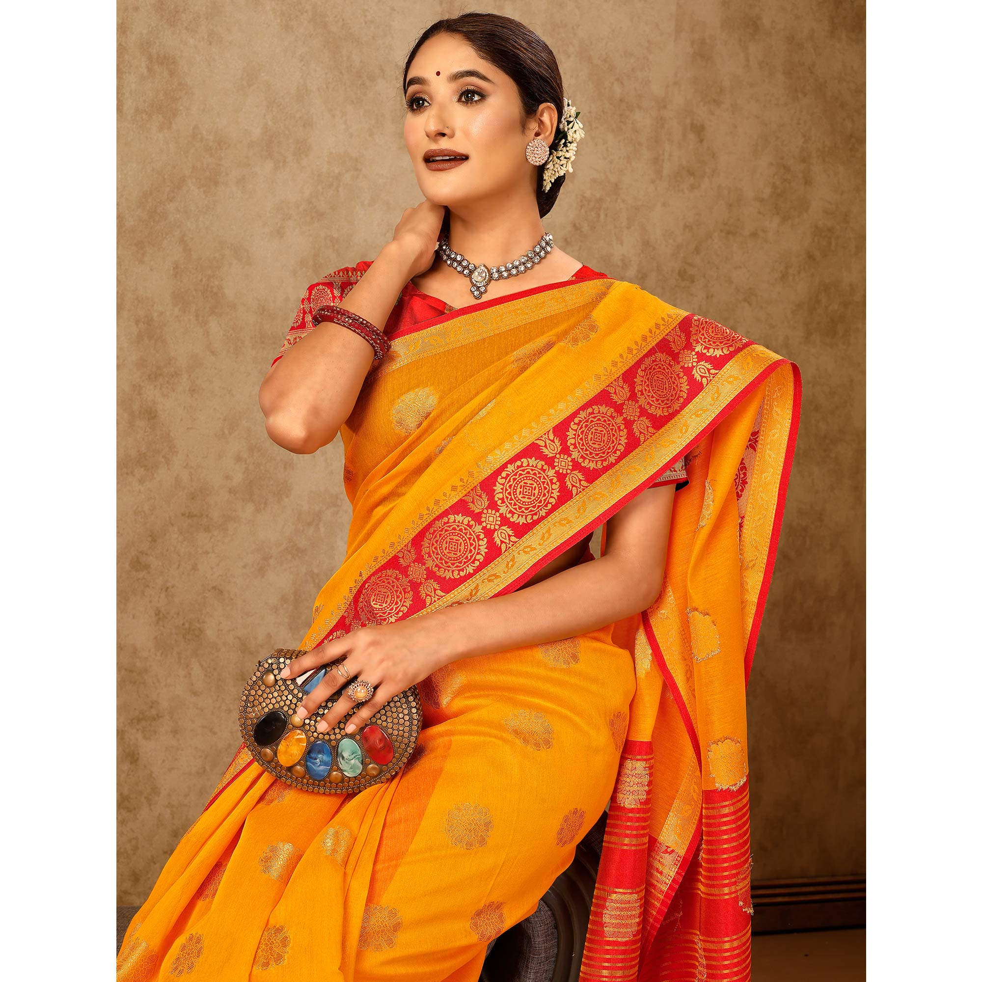 Mustard Floral Zari Woven Cotton Silk Saree