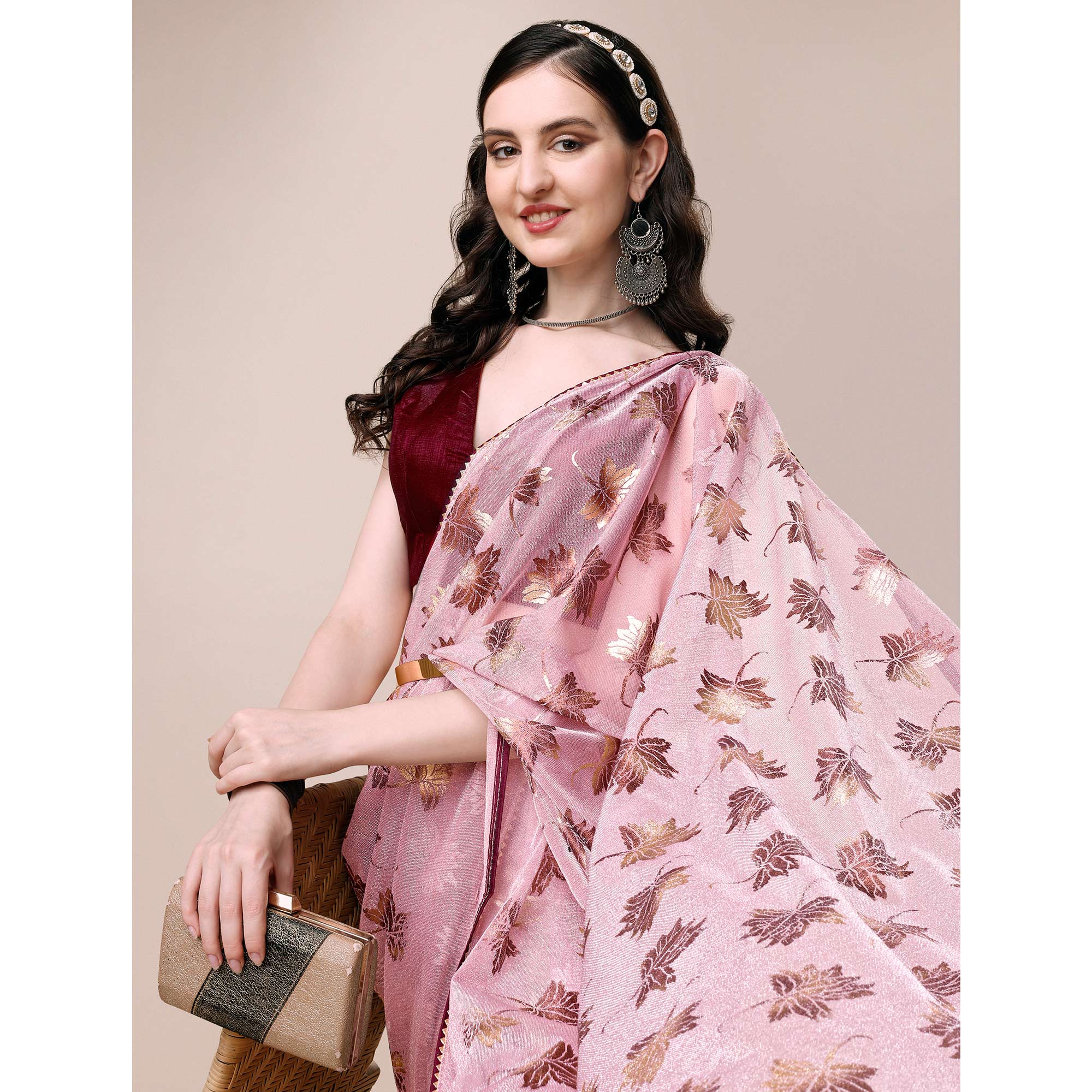 Pink Floral Foil Printed Rayon Saree
