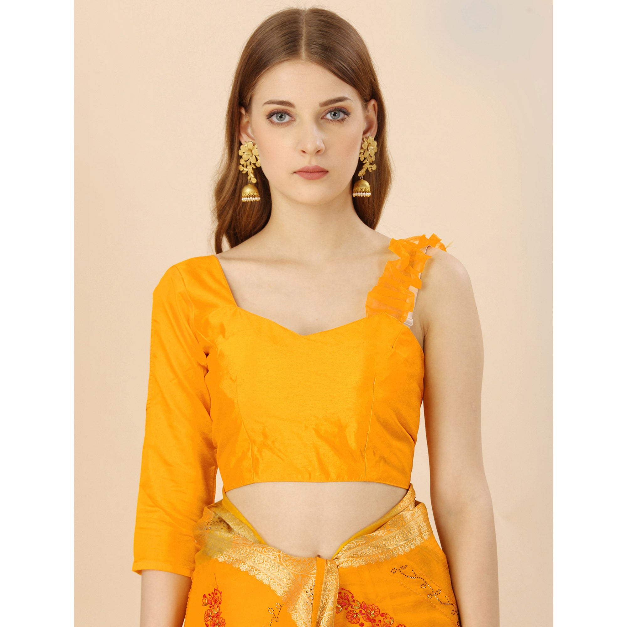 Yellow Floral Embroidery With Swarovski Work Organza Saree