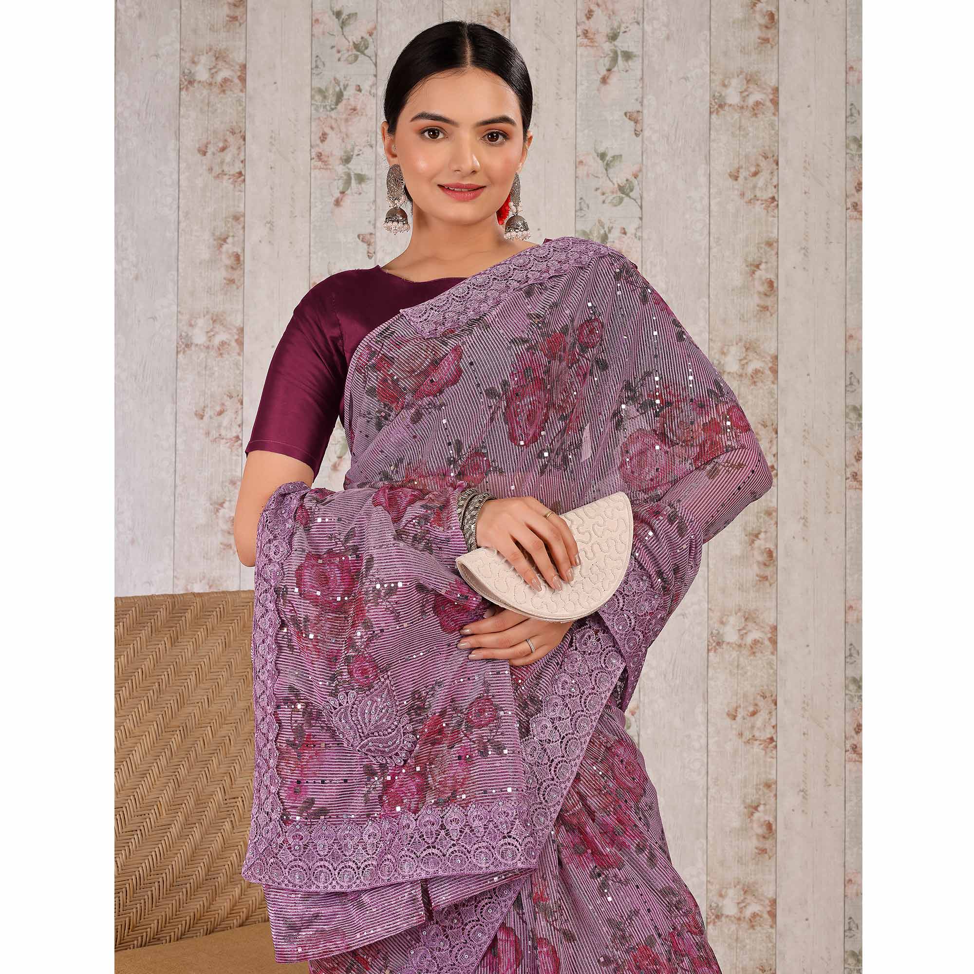 Purple Floral Digital Printed Lycra Saree With Embroidered Border