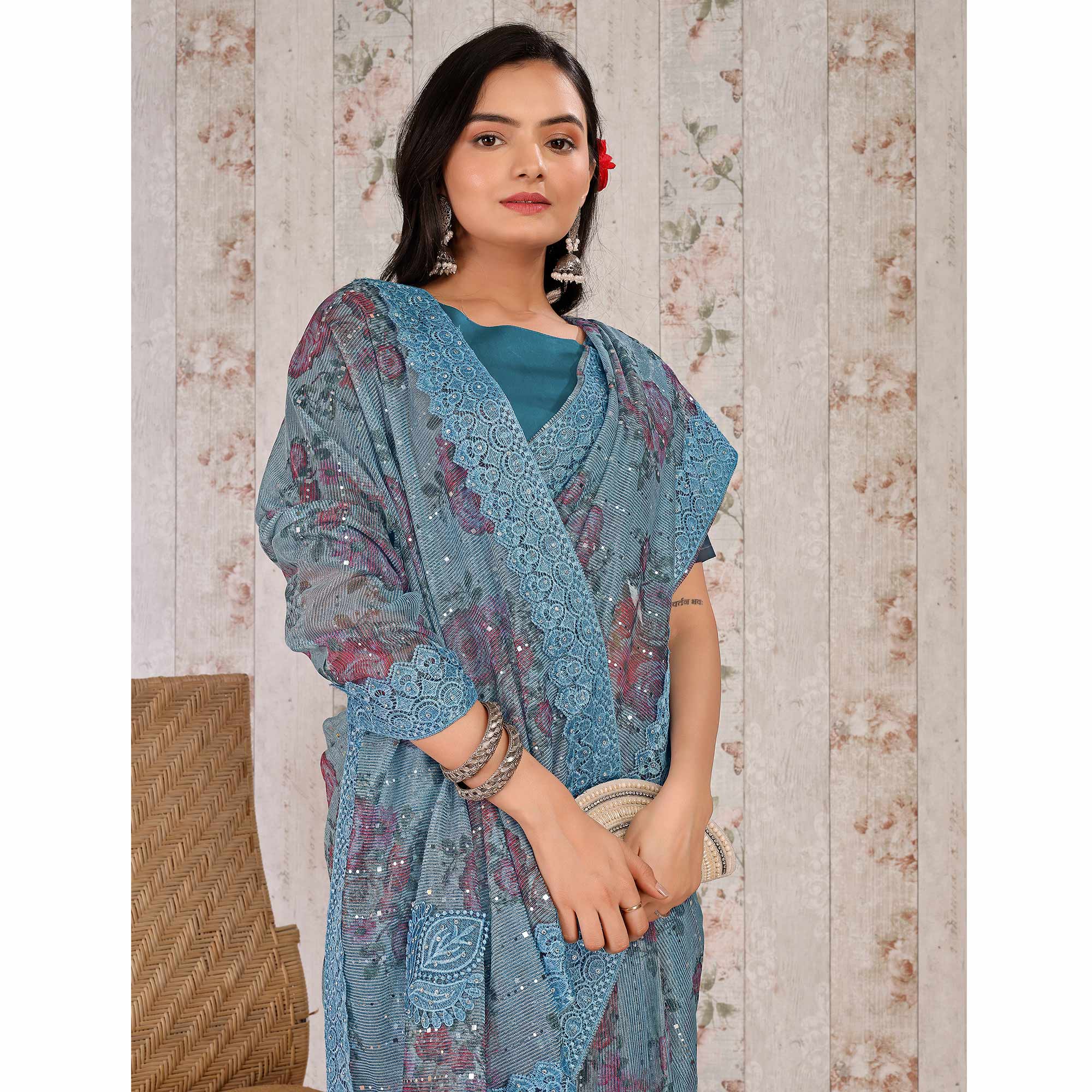 Blue Floral Digital Printed Lycra Saree With Embroidered Border