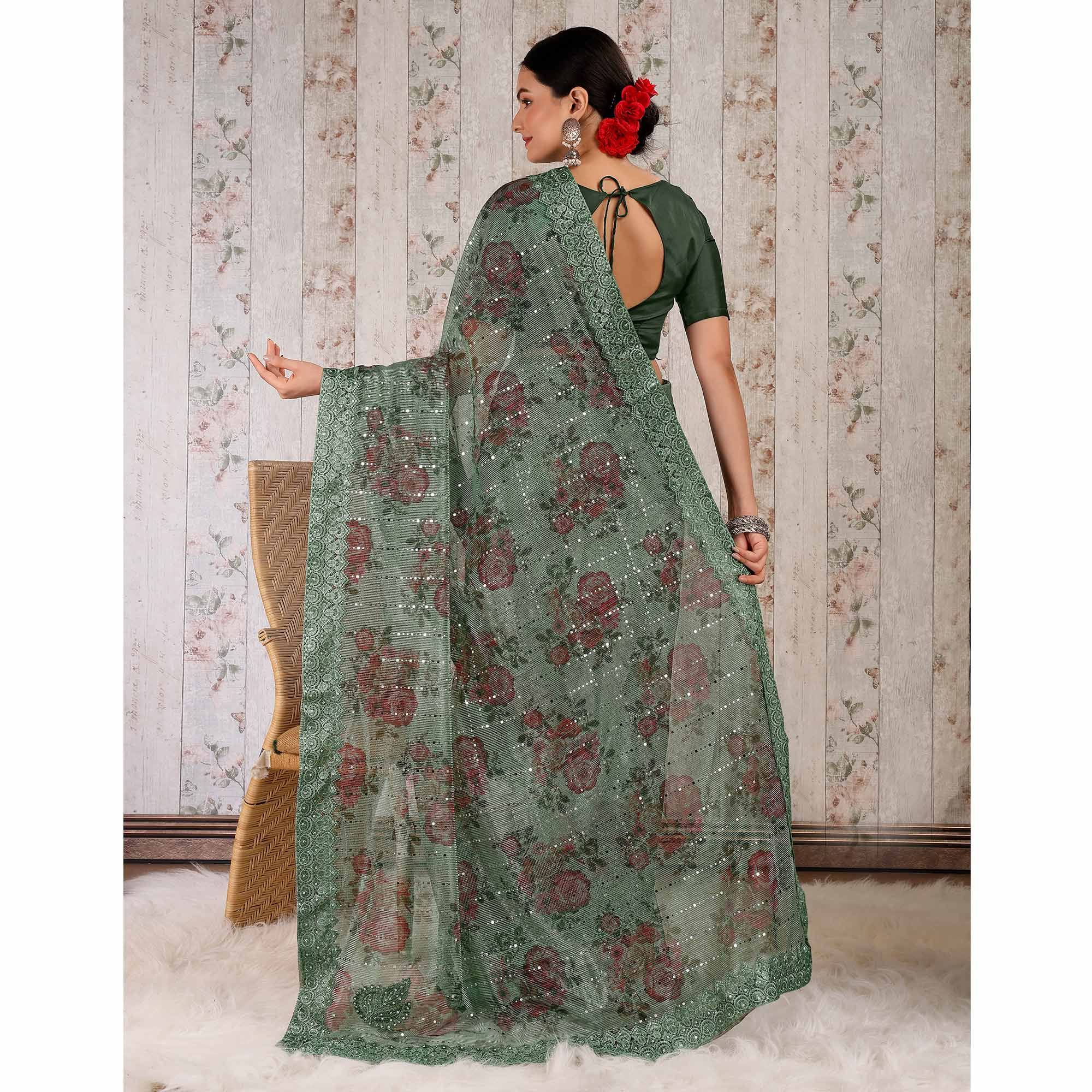 Green Floral Digital Printed Lycra Saree With Embroidered Border