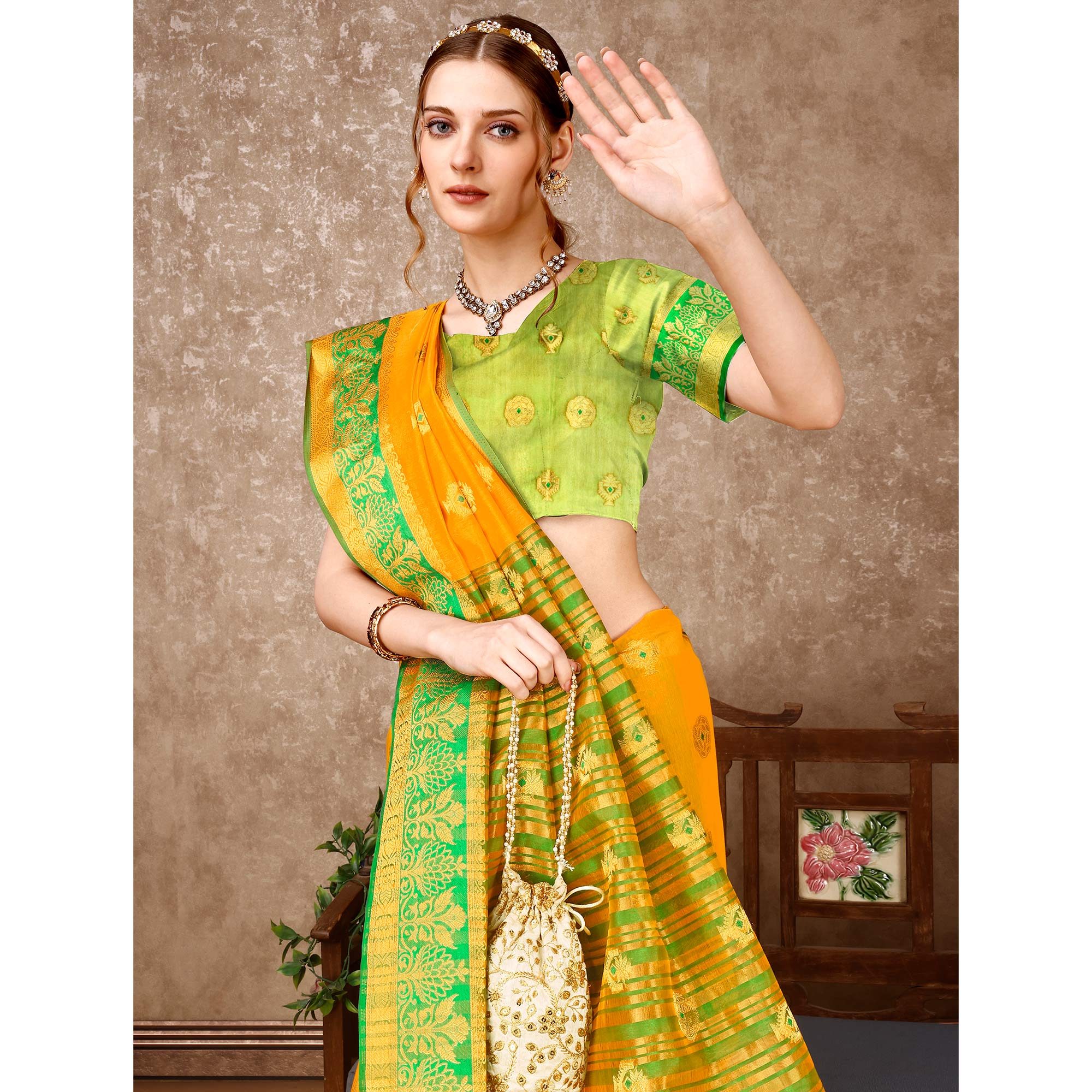 Yellow Floral Woven Cotton Silk Saree