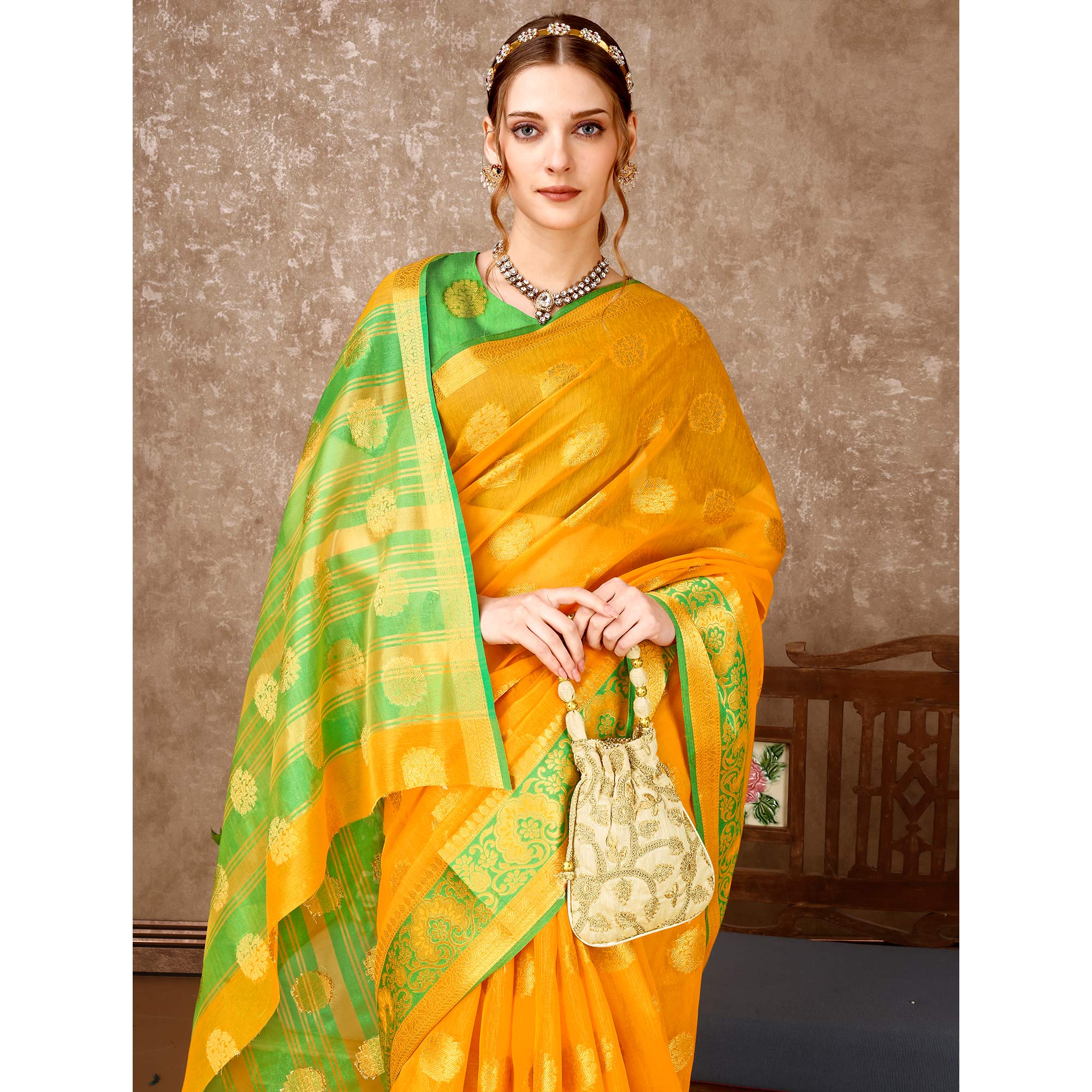 Yellow Floral Woven Cotton Silk Saree