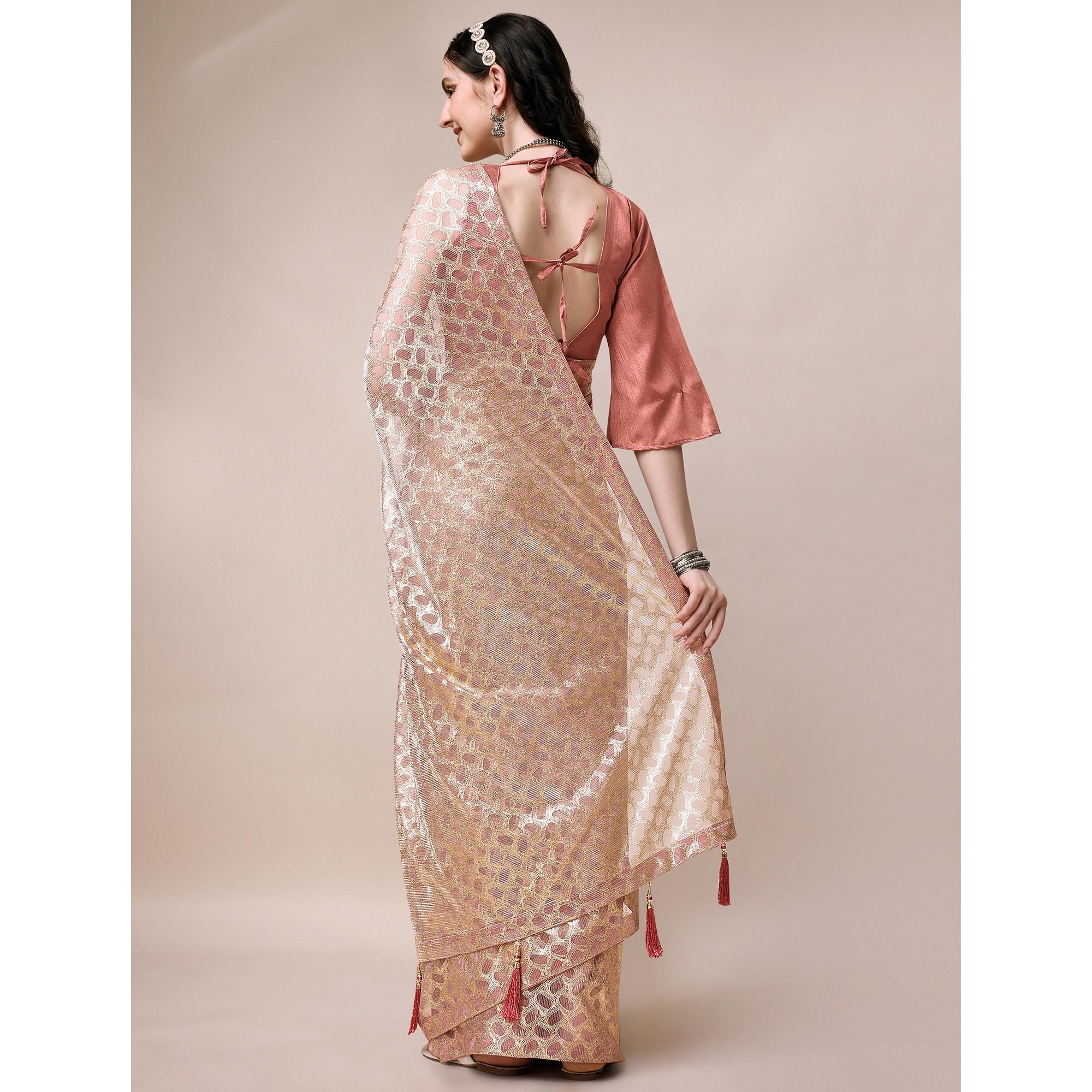 Onion Pink Foil Printed Rayon Saree