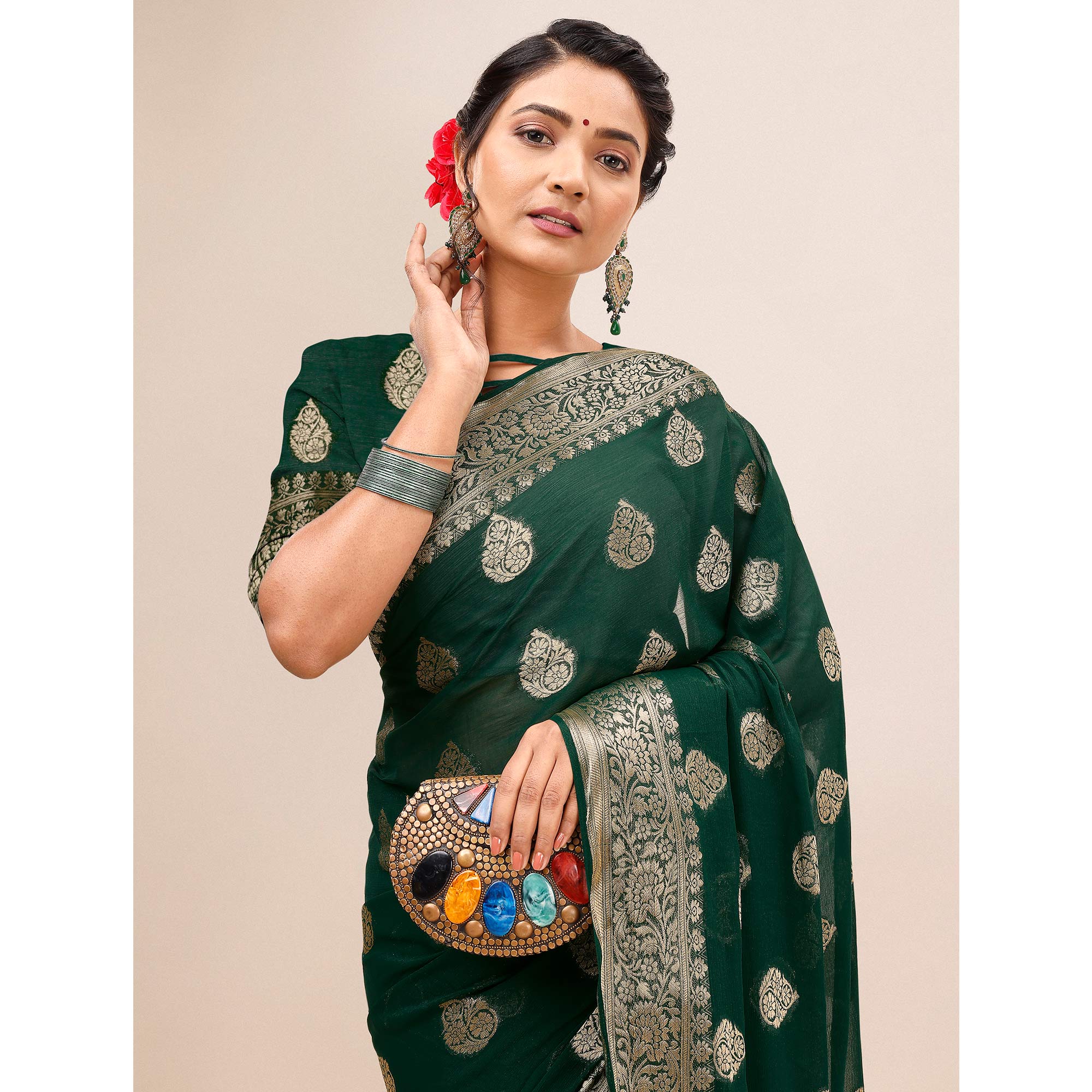 Dark Green Woven Chiffon Saree With Tassels