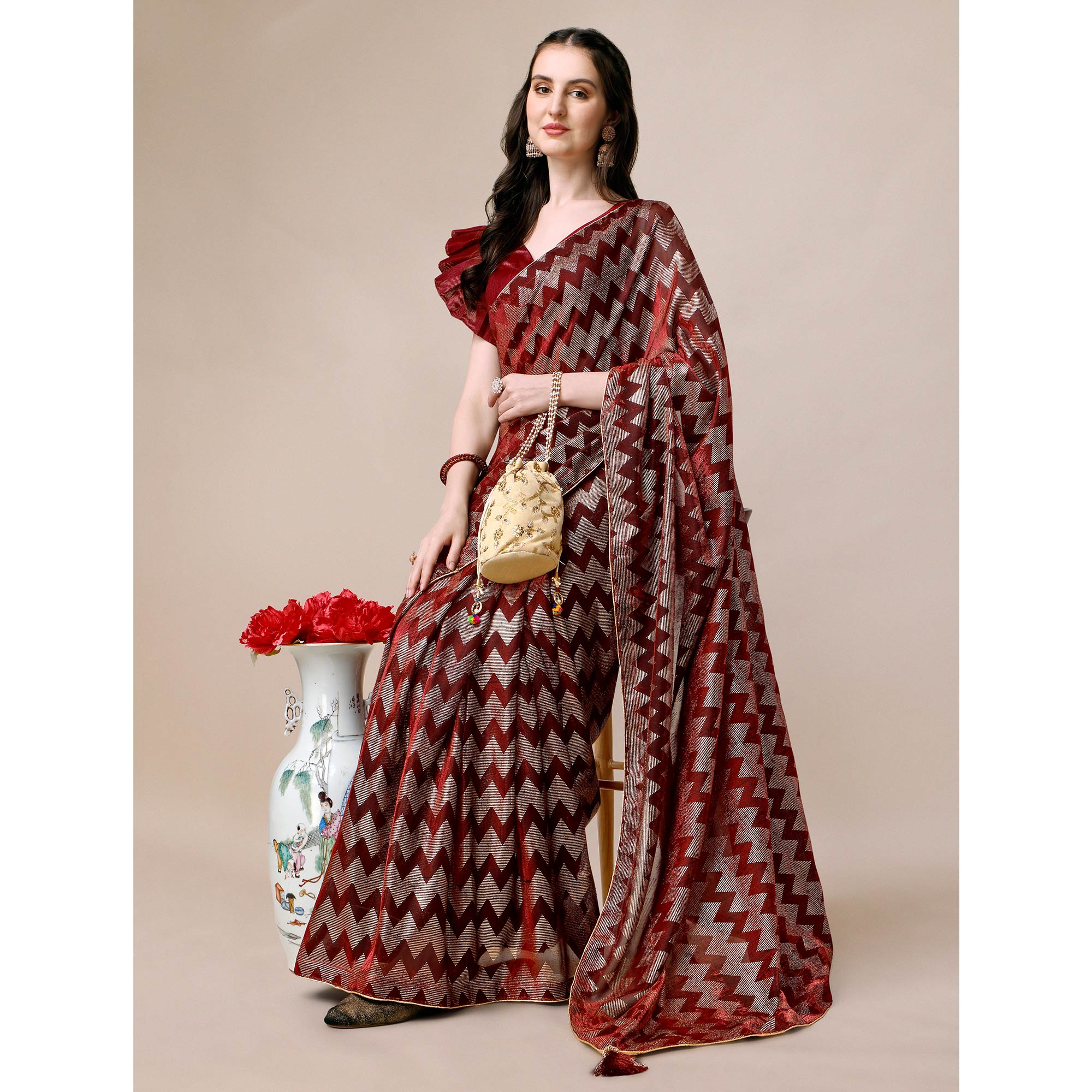 Maroon Digital Foil Printed Rayon Saree
