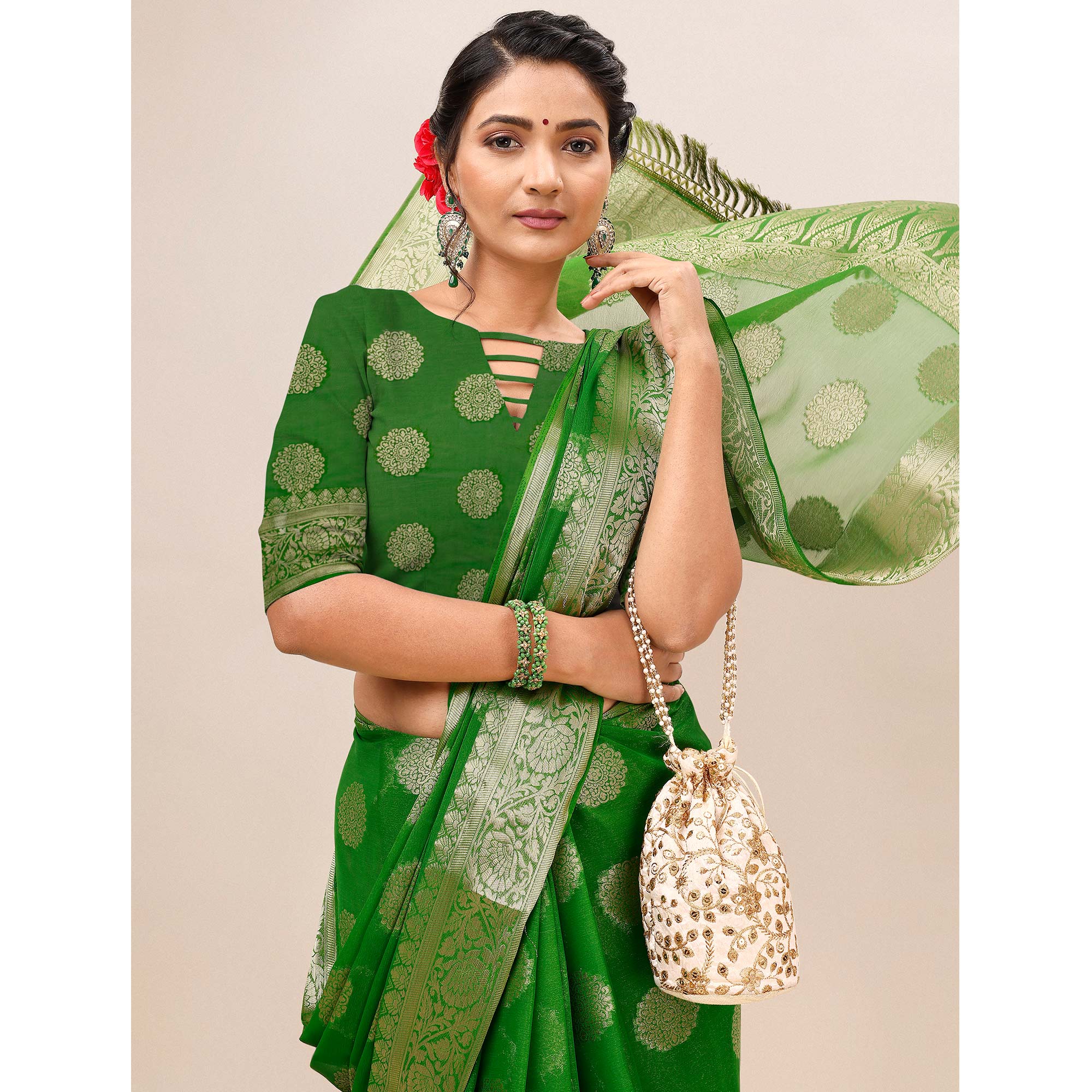 Green Woven Chiffon Saree With Tassels