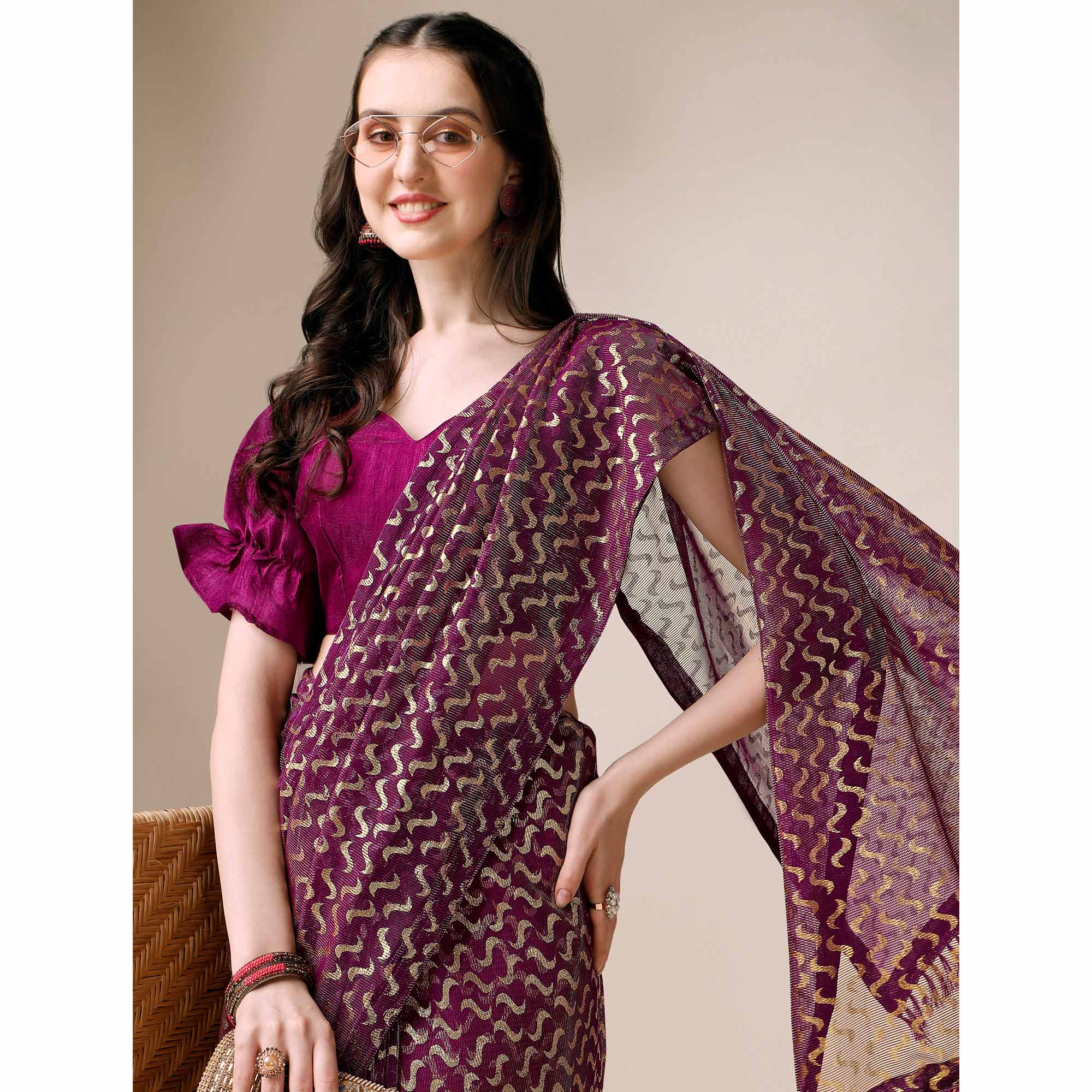 Wine Foil Printed Rayon Saree