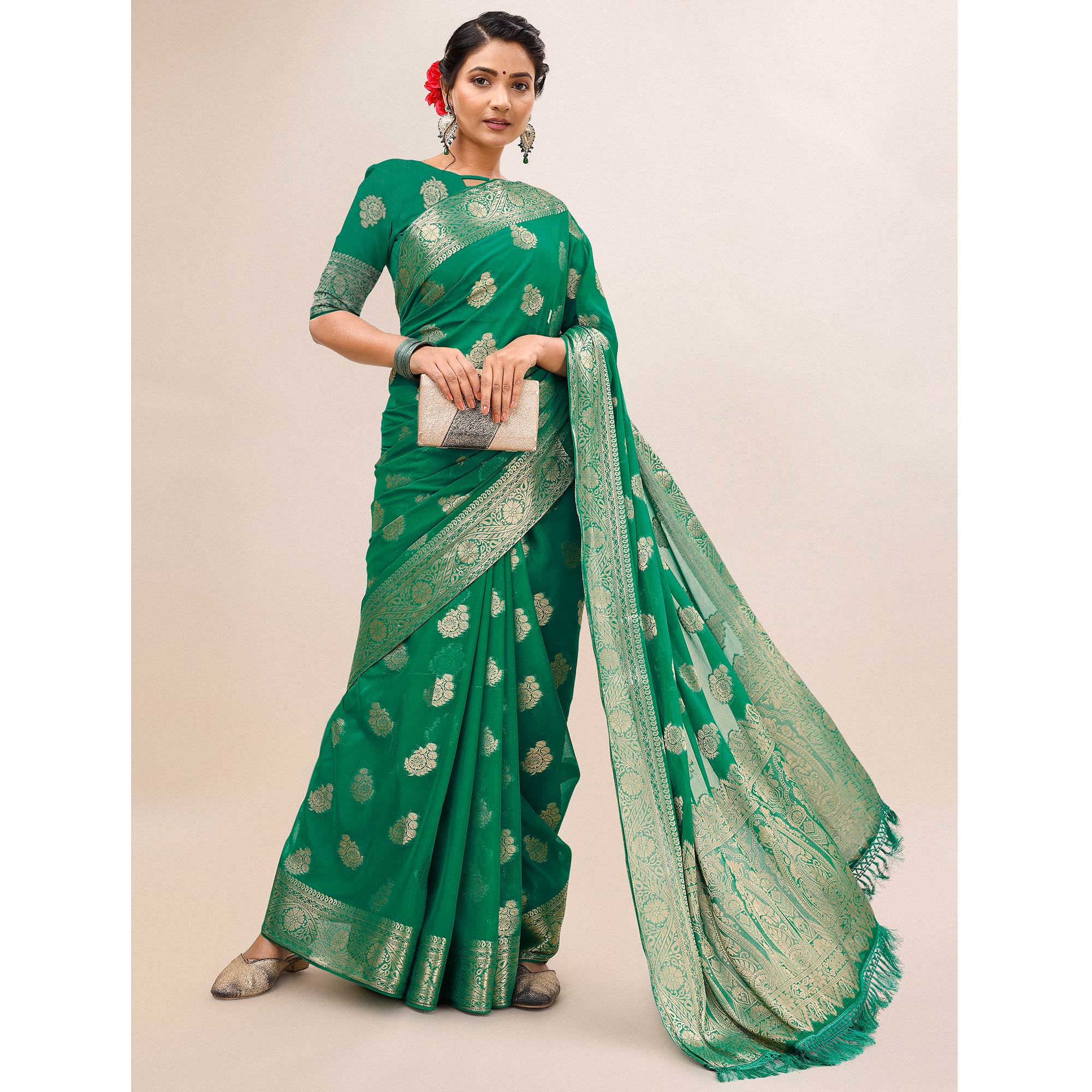 Green Woven Chiffon Saree With Tassels