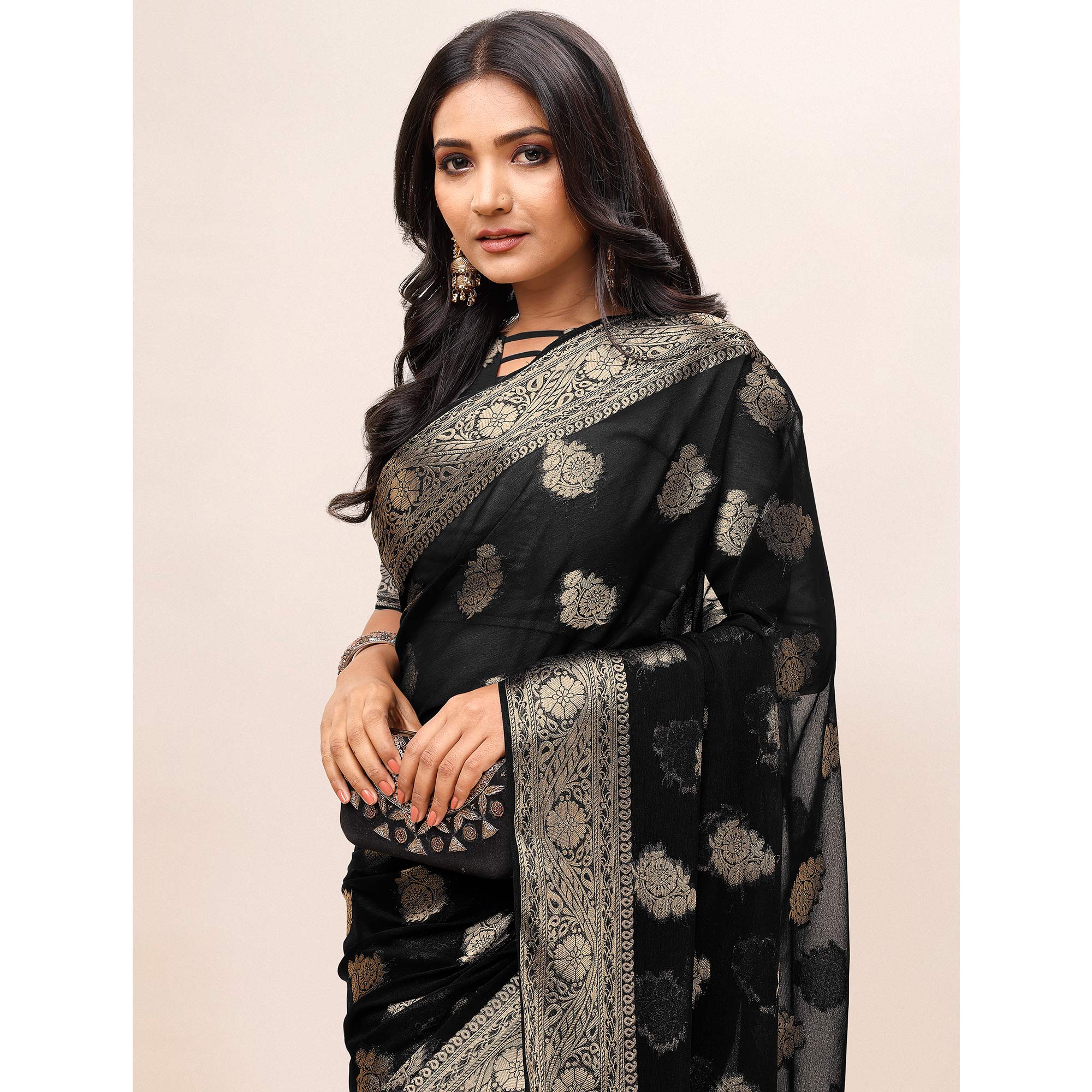 Black Woven Chiffon Saree With Tassels