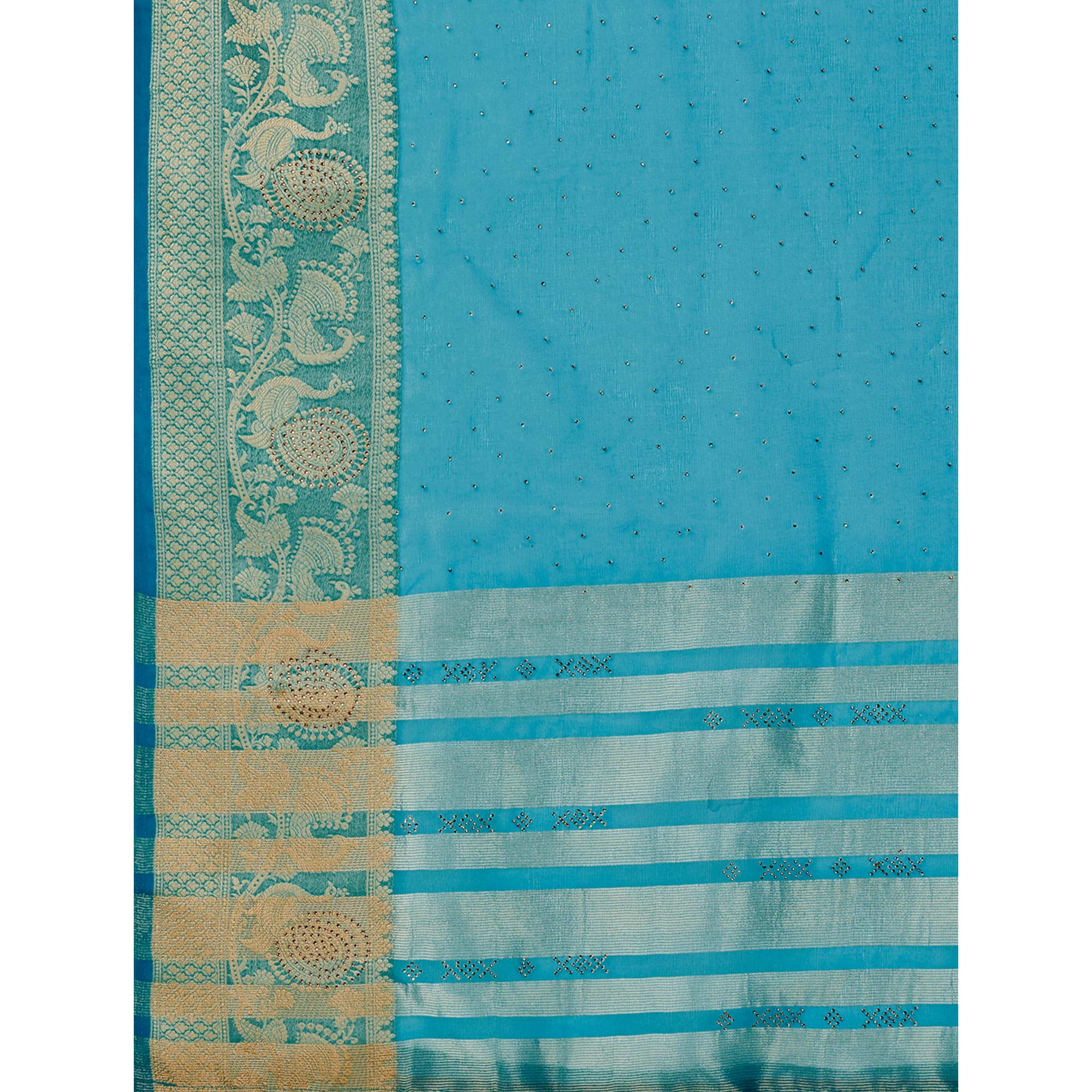 Blue Swarovski Work Organza Saree With Tassels