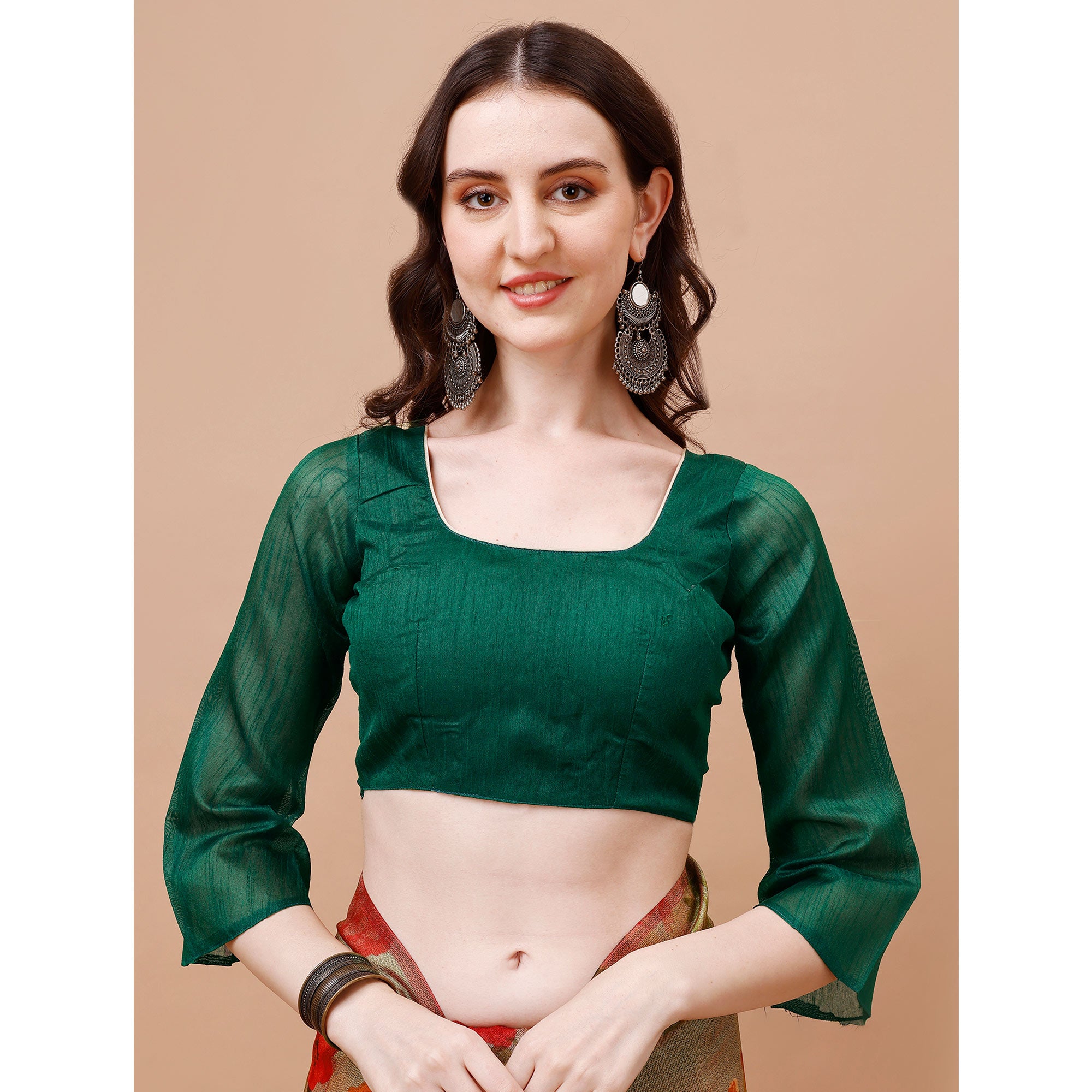 Green & Brown  Floral Printed Vichitra Silk Saree