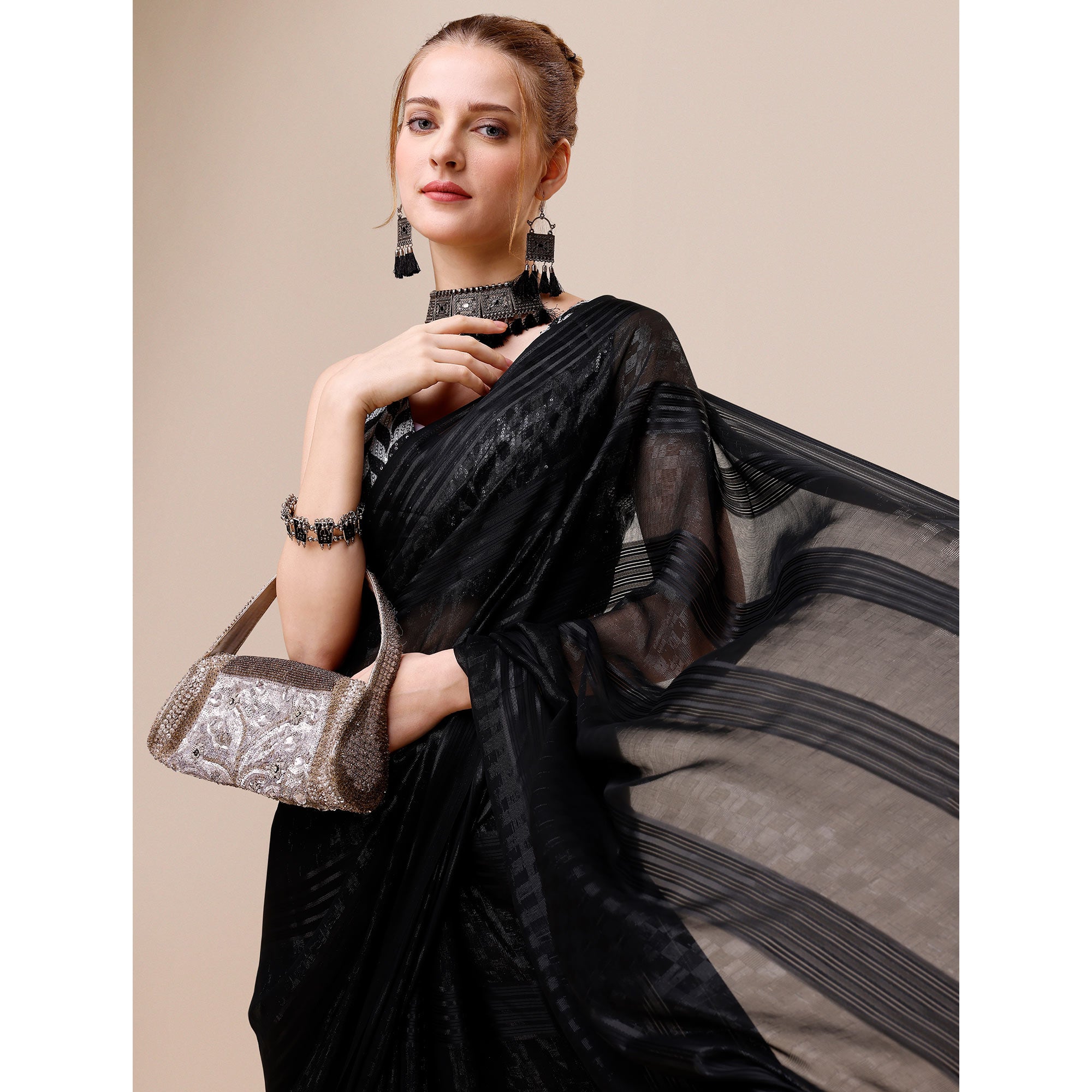 Black Striped Woven Chiffon Saree