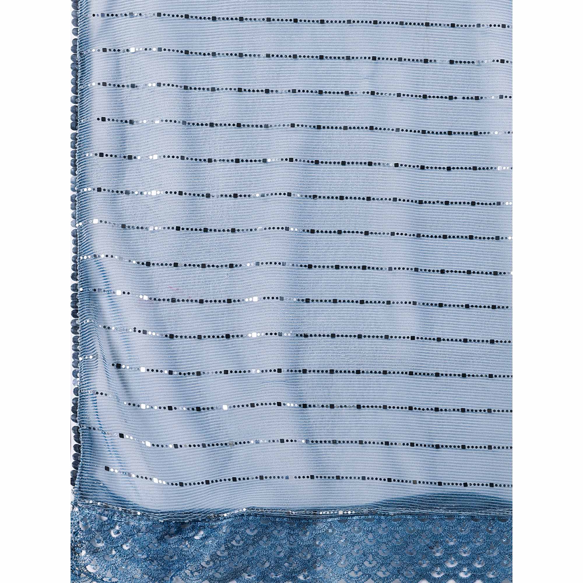Blue Tikki Work Lycra Saree With Embroidered Border