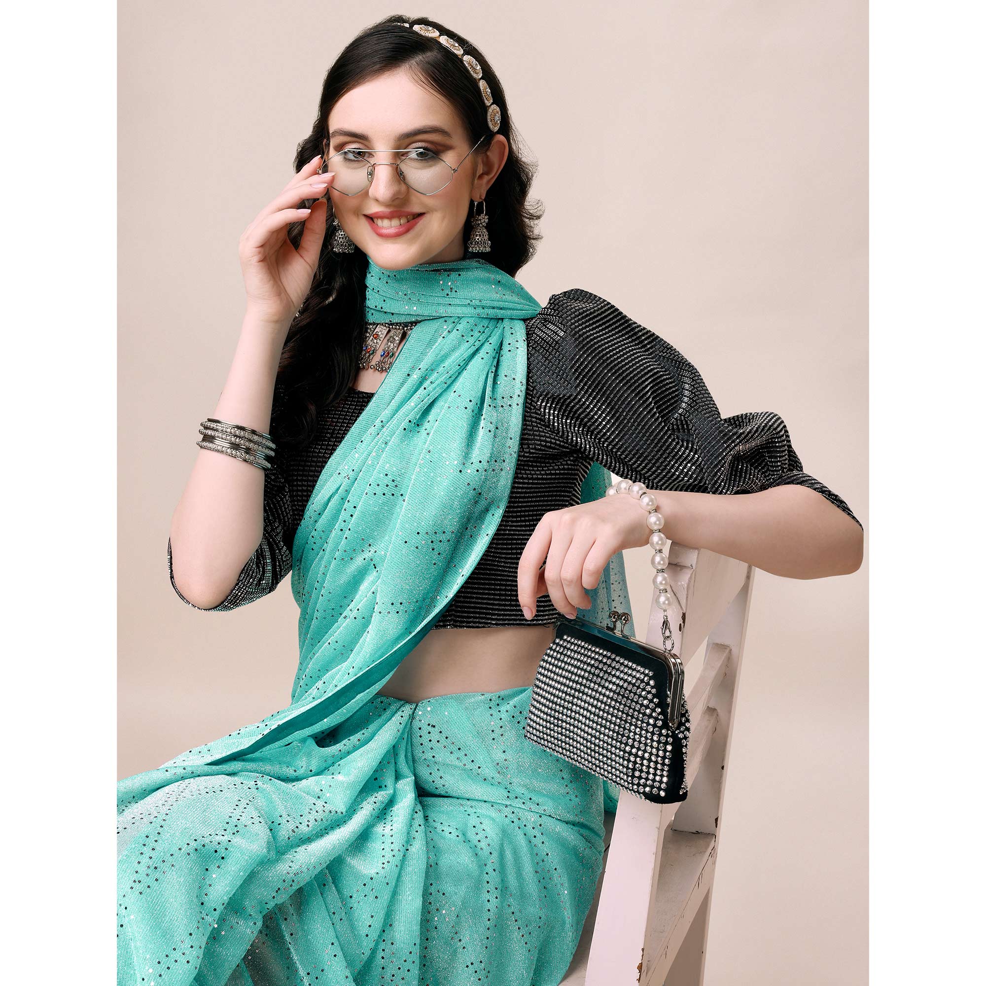 Turquoise Foil Printed Raw Silk Saree
