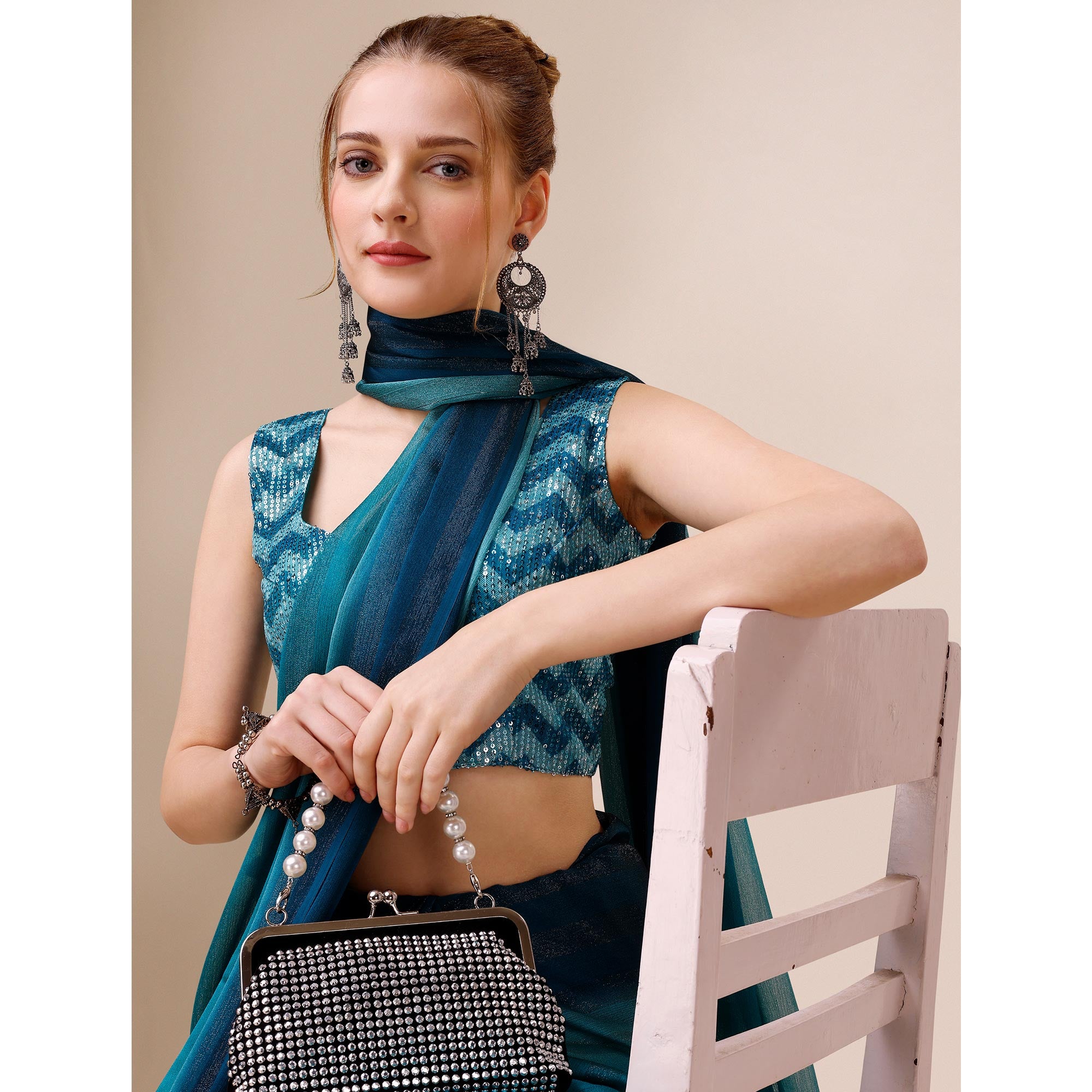 Teal Blue Striped Woven Chiffon Saree