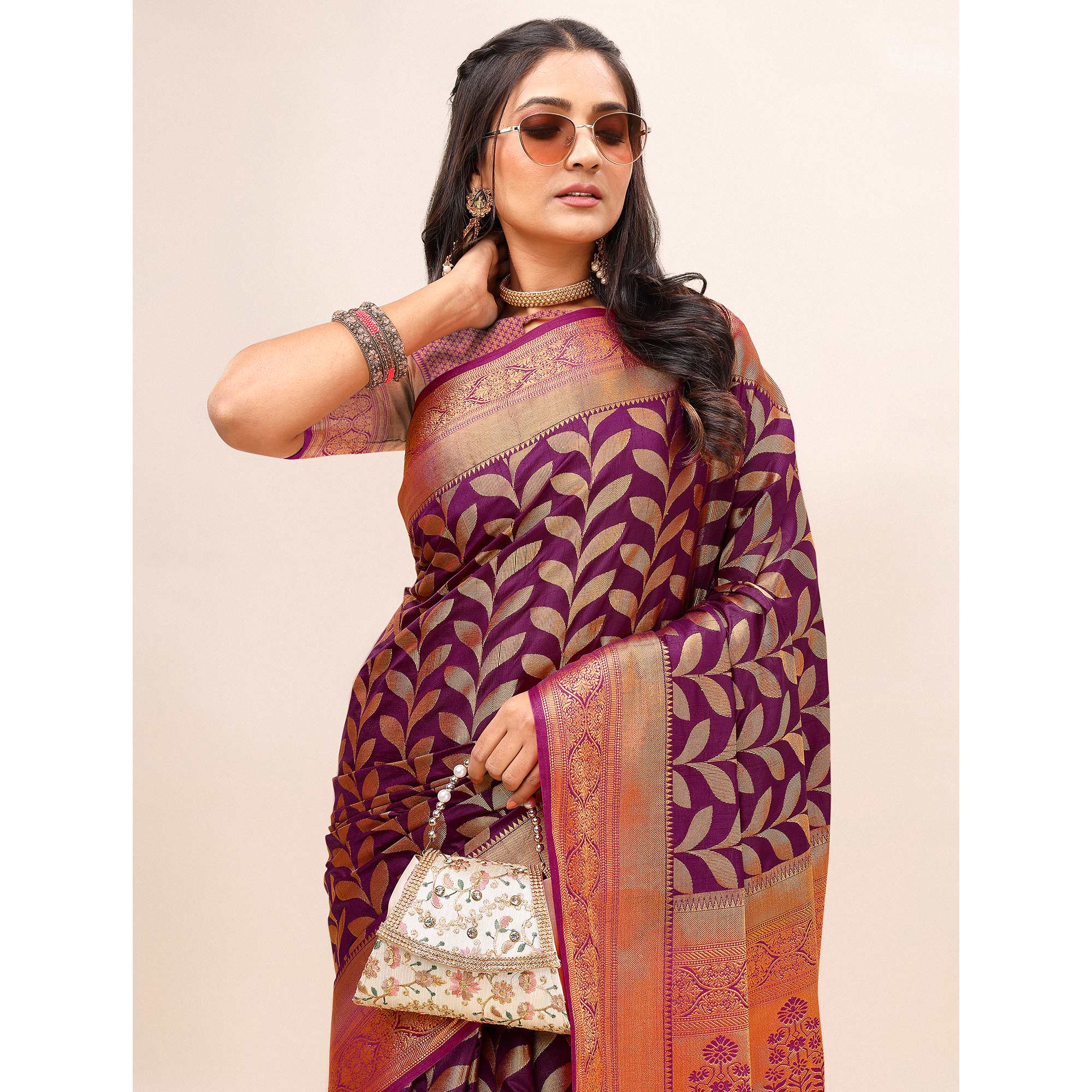 Purple Woven Dola Silk Saree With Tassels