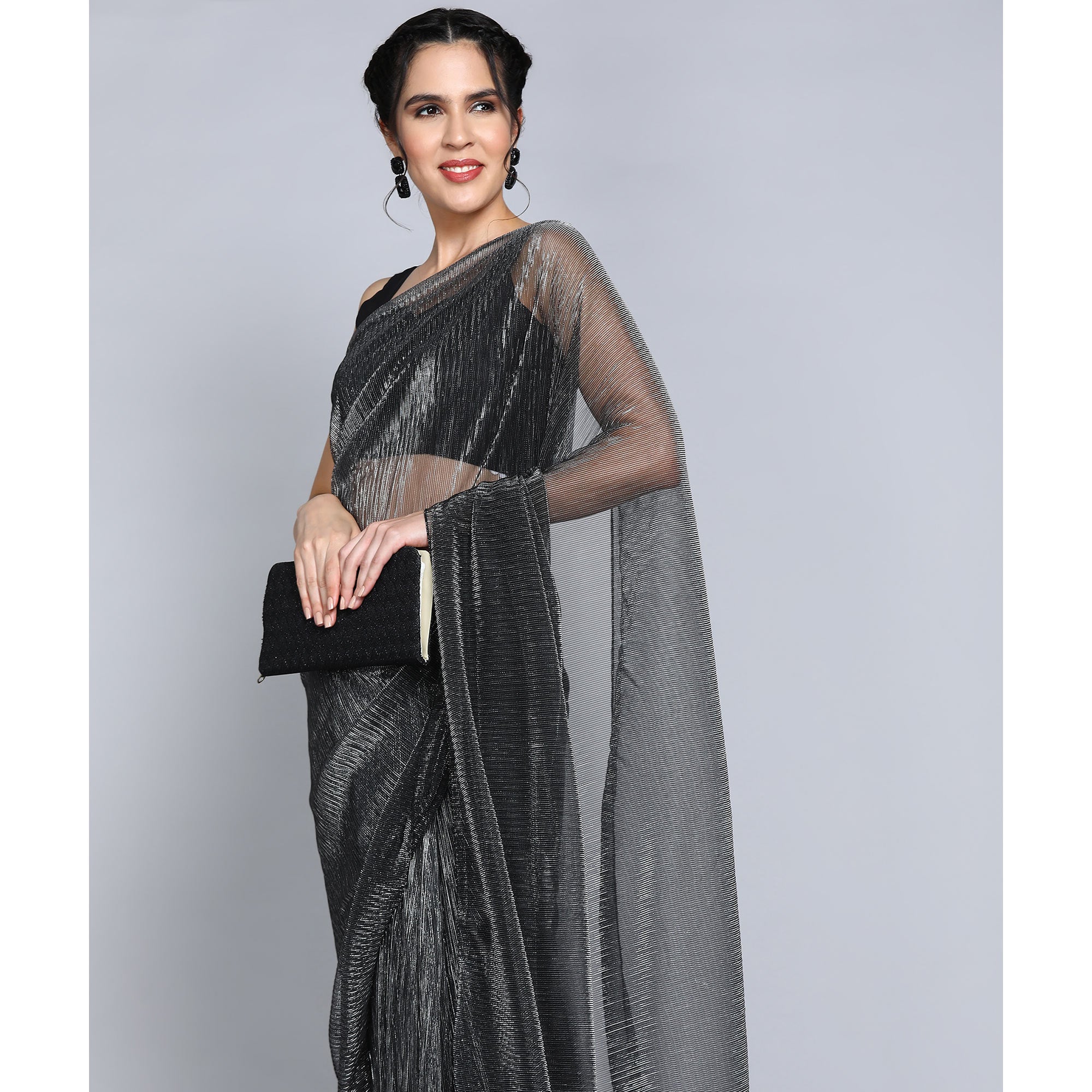 Black Solid Lycra Crush Saree