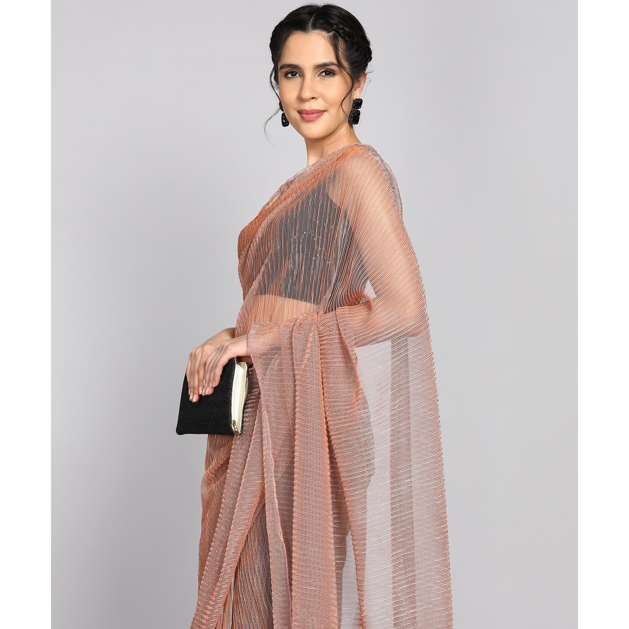 Peach Solid Lycra Crush Saree