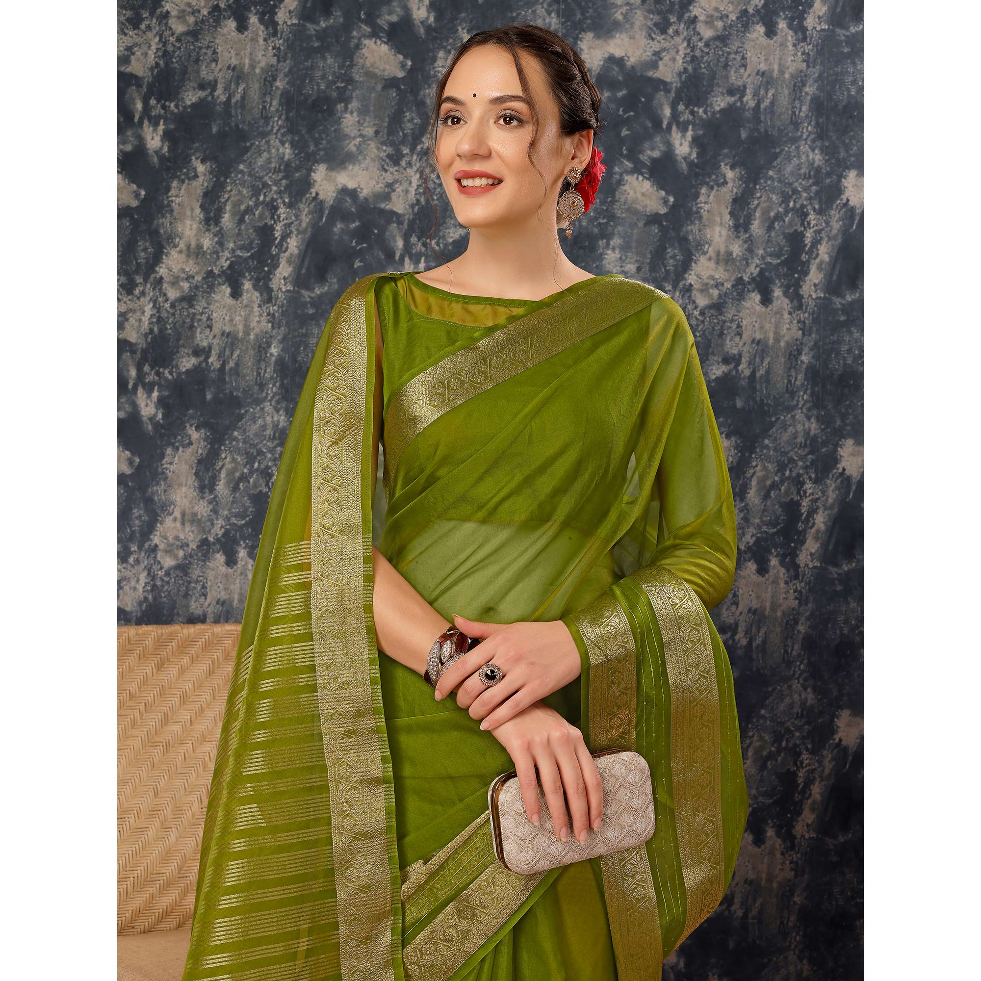 Mehendi Green Floral Zari Woven Organza Saree