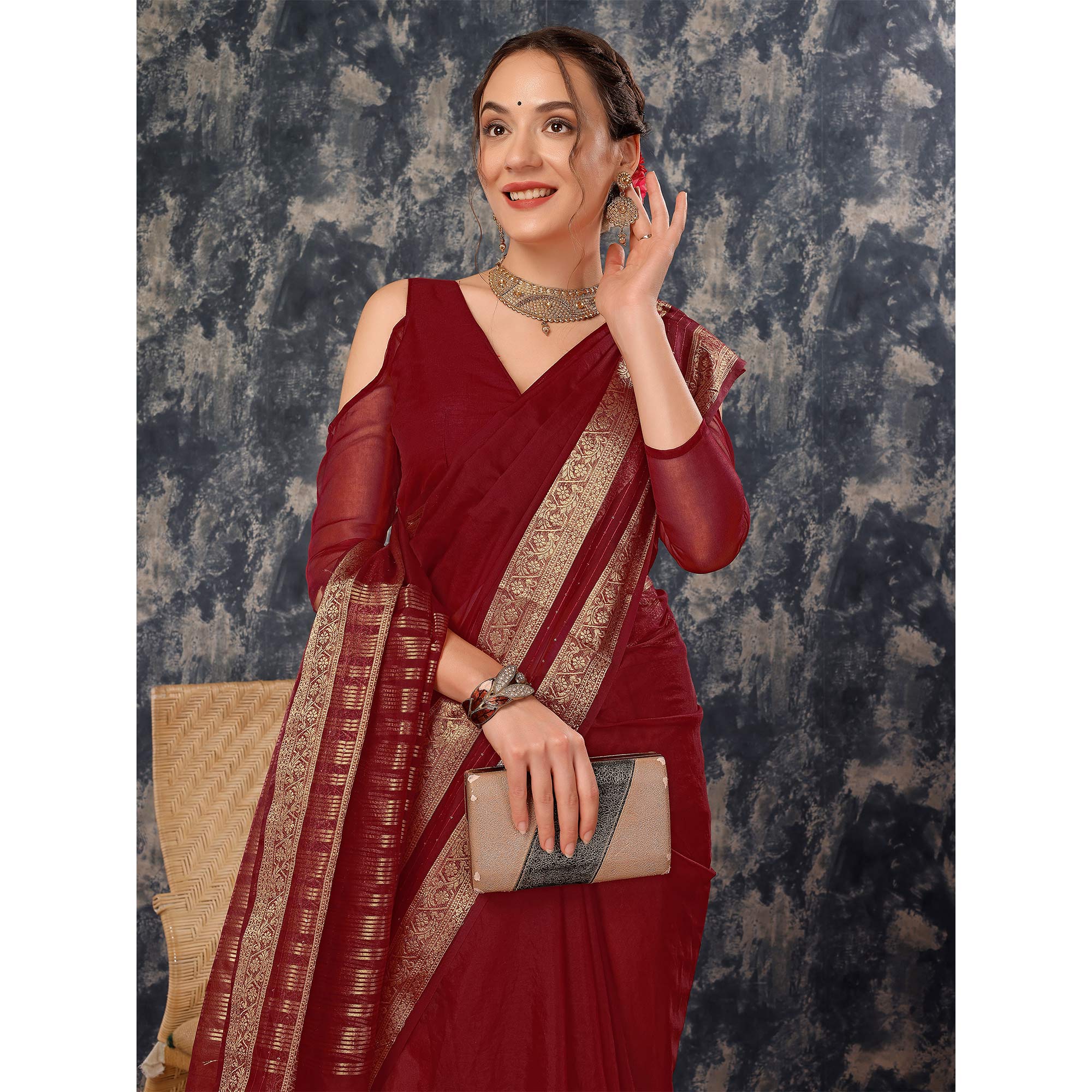 Maroon Floral Zari Woven Organza Saree