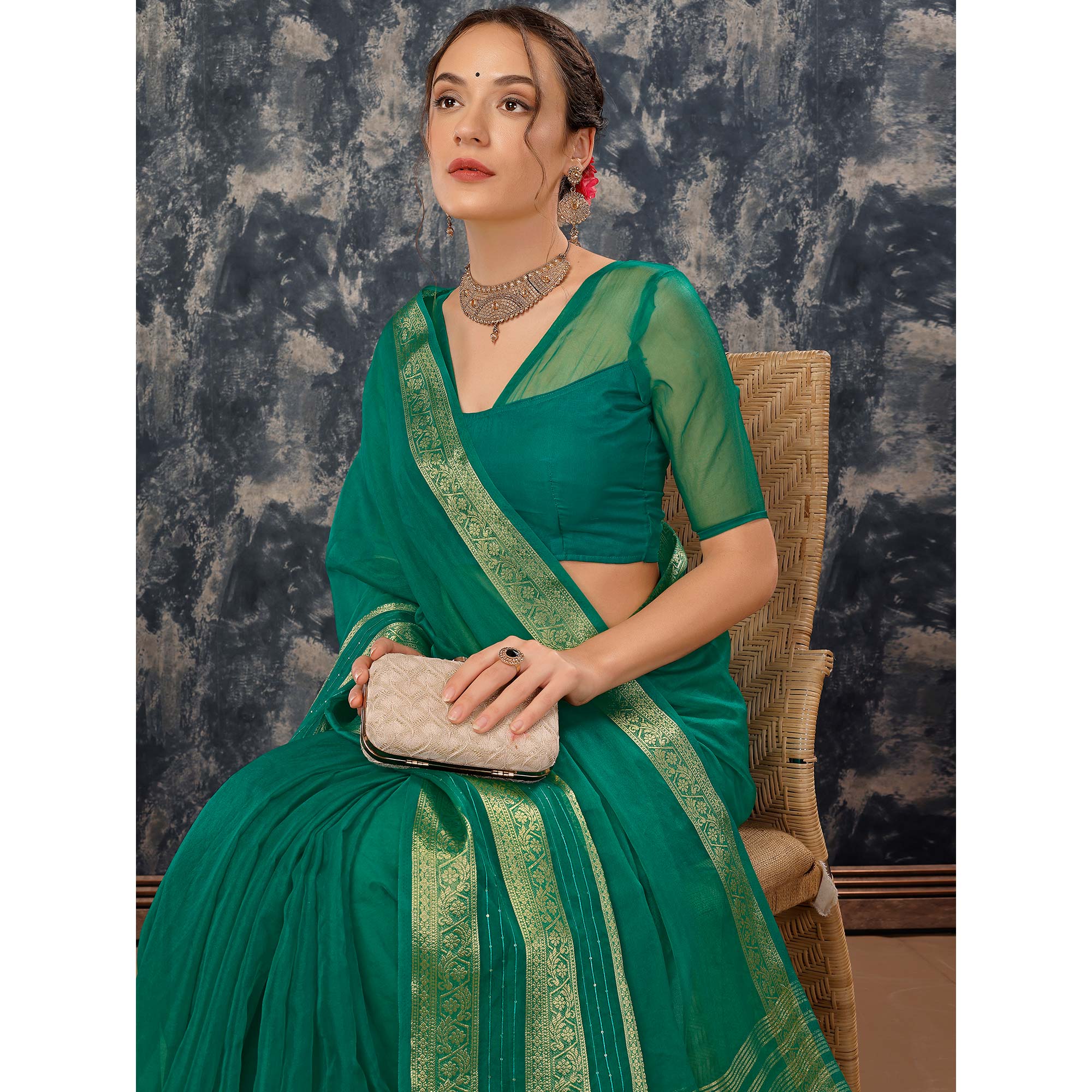 Green Floral Zari Woven Organza Saree