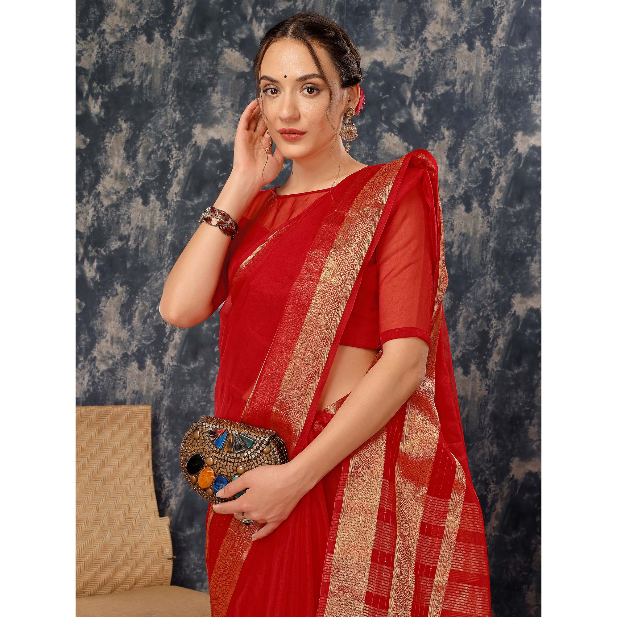 Red Floral Zari Woven Organza Saree