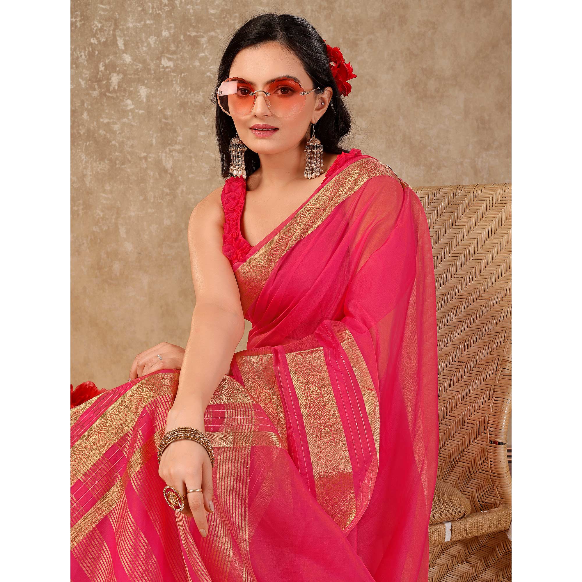 Pink Floral Zari Woven Organza Saree