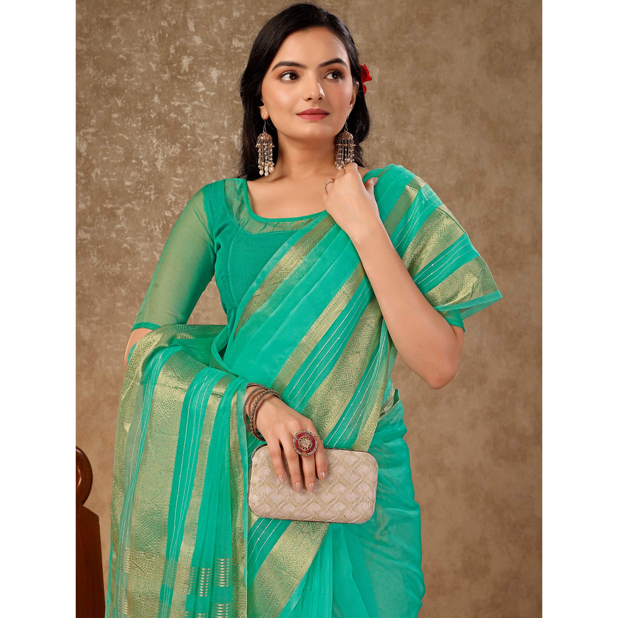 Rama Green Floral Zari Woven Organza Saree