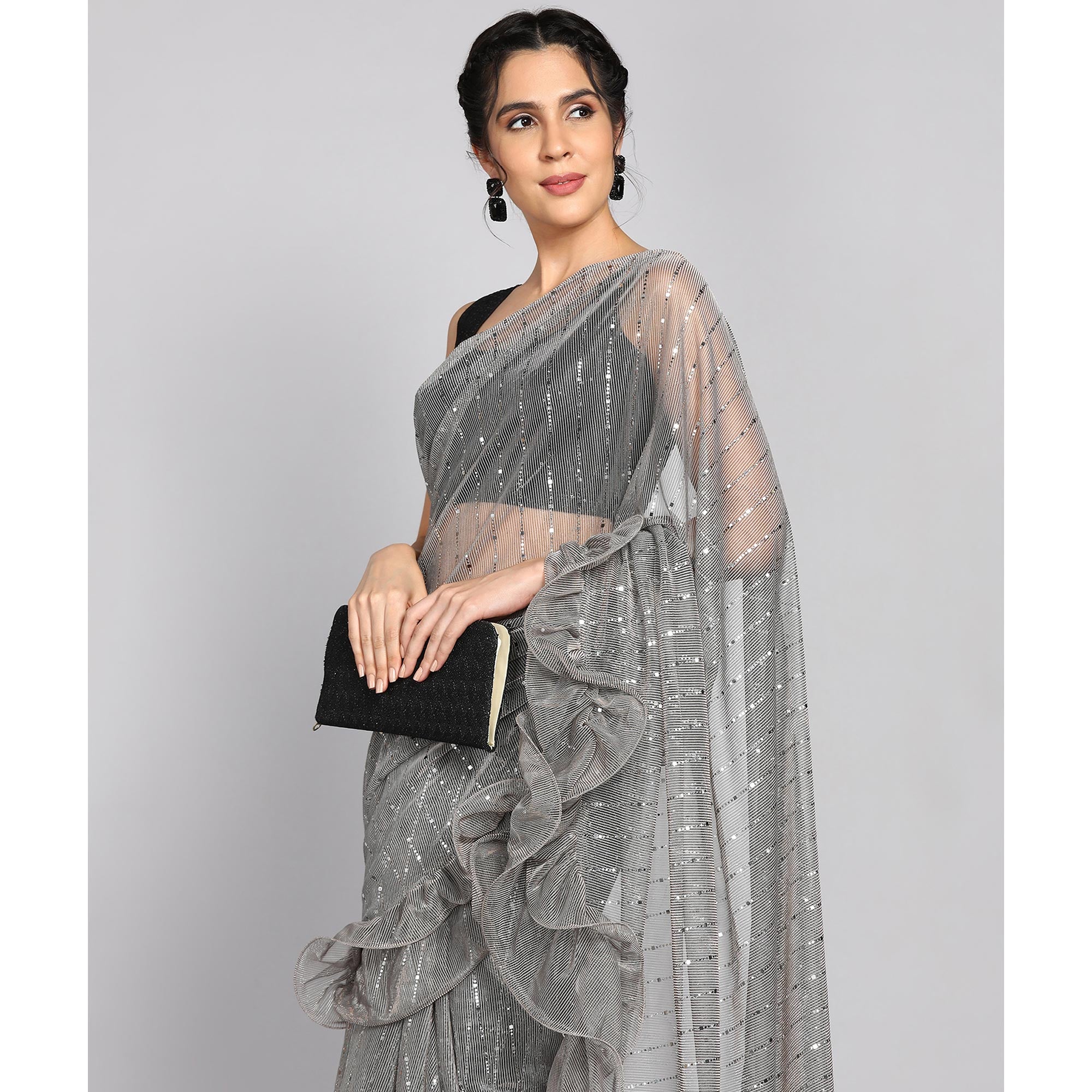 Grey Tikki Work Lycra Ruffle Saree