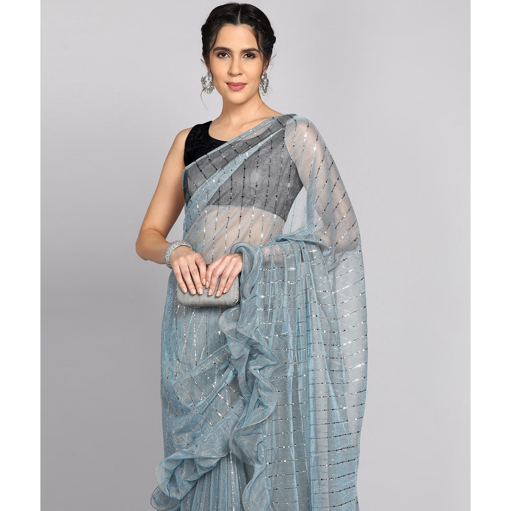 Sky Blue Tikki Work Lycra Ruffle Saree