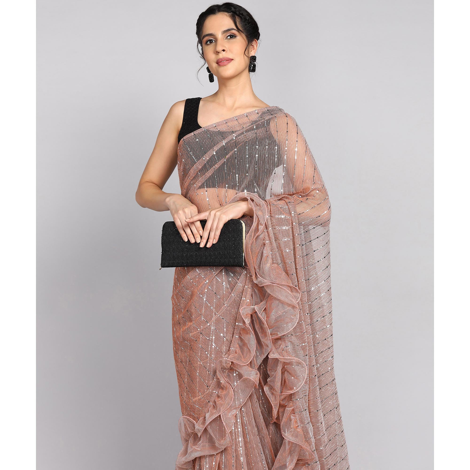 Peach Tikki Work Lycra Ruffle Saree