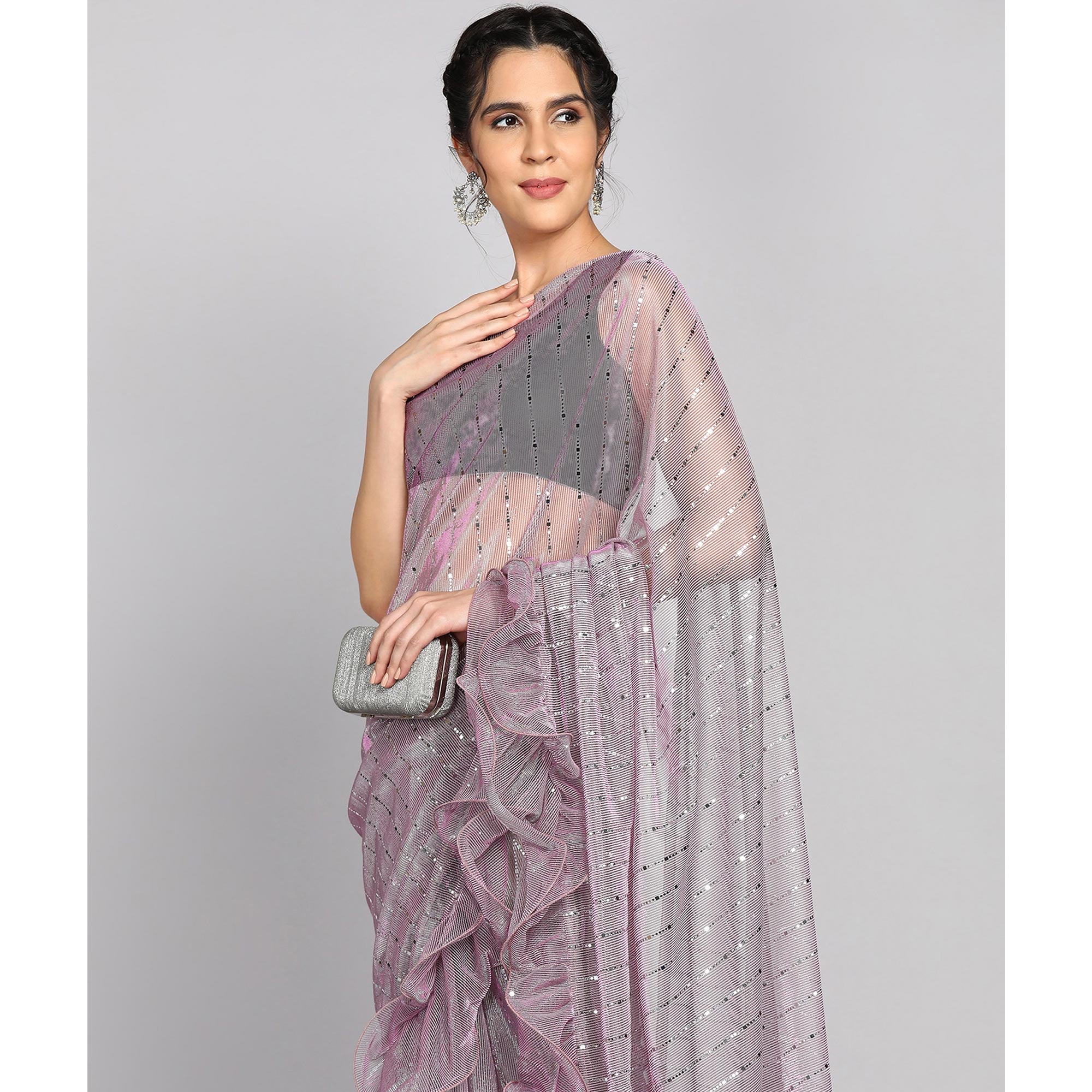 Light Mauve Tikki Work Lycra Ruffle Saree